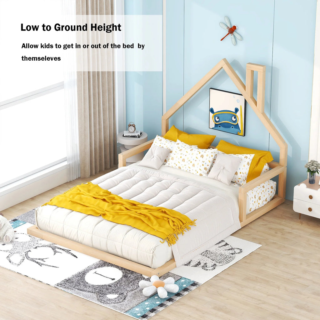 Bellemave Full Size Wood Floor Bed with House-shaped Headboard Toddler Bed Frame Montessori Floor Bed with Rails and Wooden Slats for Kids, Boys, Girls, No Box Spring Needed, Natural