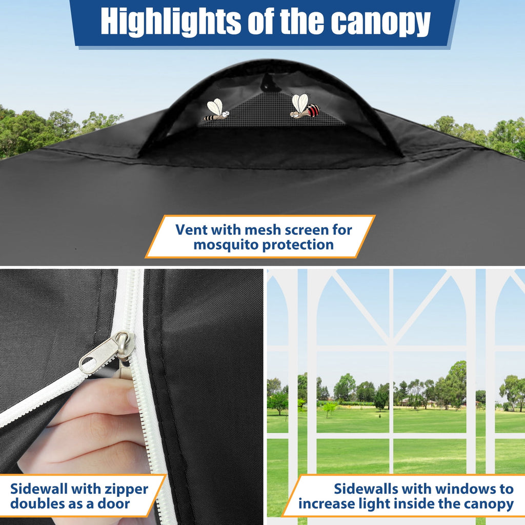 10'x10' EZ Pop Up Canopy with Top Vent, Large Commercial Tent, Waterproof and Sunproof with 4 Removable Sidewalls, Suitable for Weddings come with 4 Sandbags (Black)