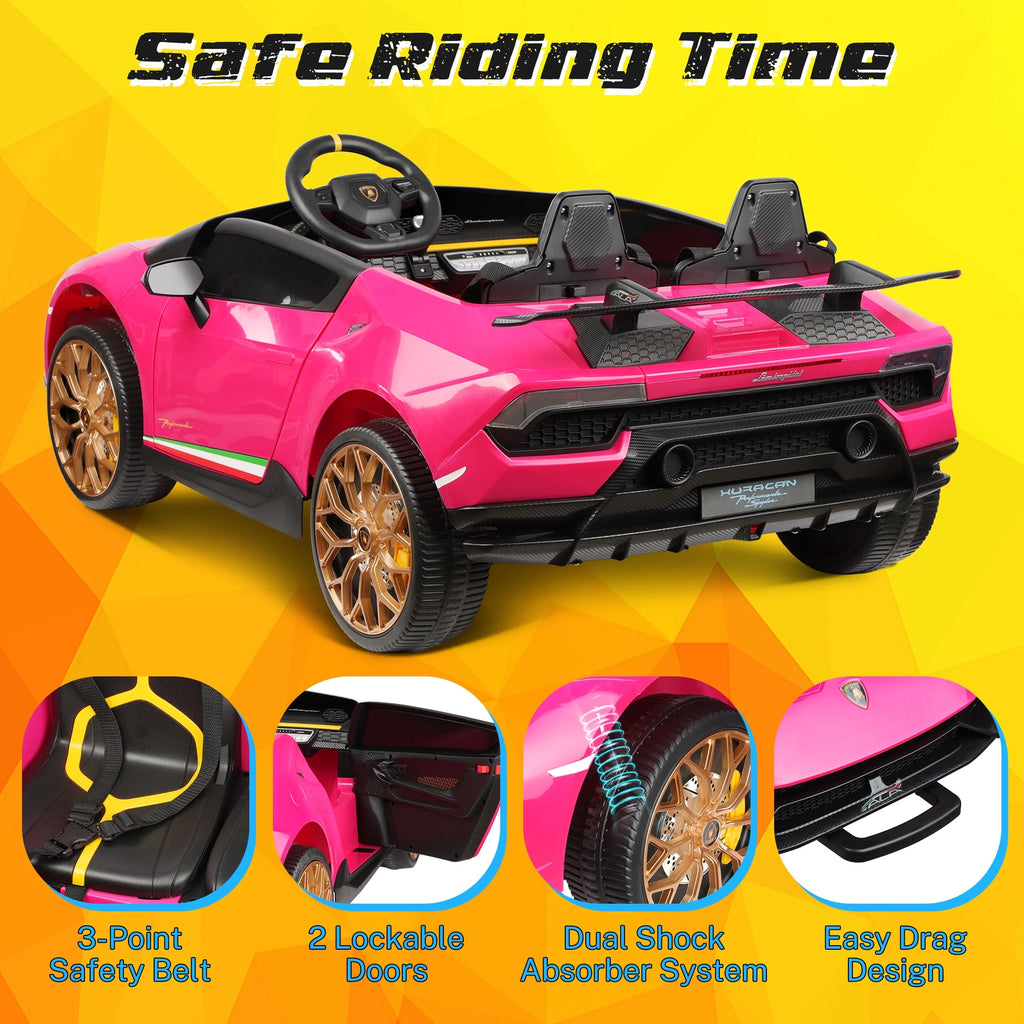 24V Ride on Cars 2 Seater for Kids, Lamborghini Huracan Battery Powered Ride on Toy Sports Car with Remote Control, Electric Car for Girls Boys 3-8 with Music/LED Lights/Bluetooth/4WD, Pink