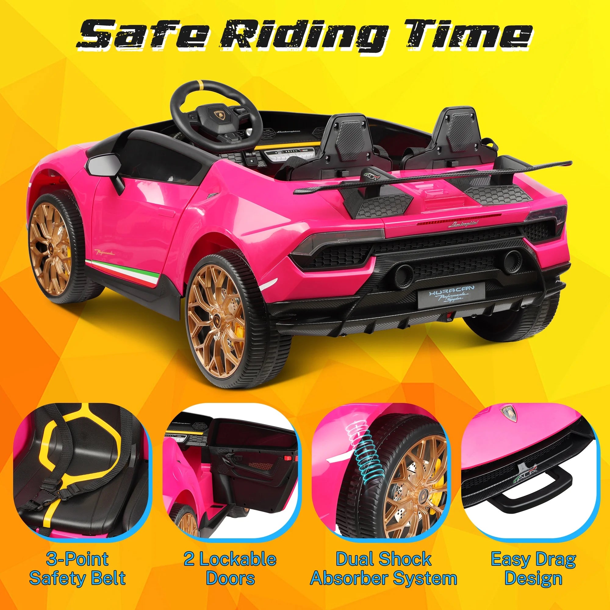 24V Ride on Cars 2 Seater for Kids, Lamborghini Huracan Battery Powered Ride on Toy Sports Car with Remote Control, Electric Car for Girls Boys 3-8 with Music/LED Lights/Bluetooth/4WD, Pink