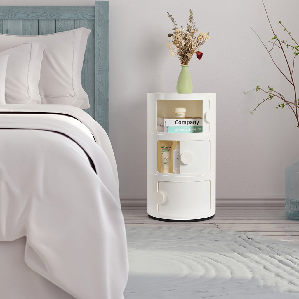 3 Drawer Sliding Barrel Modern Bedroom Nightstand, White