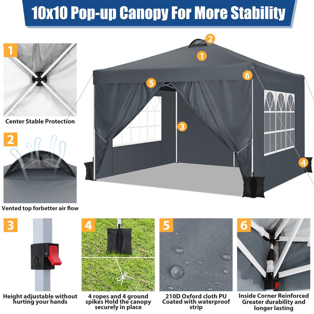 10'x10' EZ Pop Up Canopy with Top Vent, Large Commercial Tent, Waterproof and Sunproof with 4 Removable Sidewalls, Suitable for Weddings come with 4 Sandbags (Black)