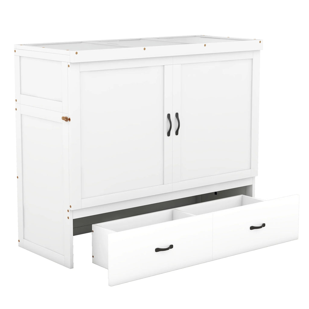 Bed Frame Wood Platform Bed with USB Port and a Large Drawer, Headboard and Guardrail, Wood Slat Support Bedframe No Box Spring Need Mattress Foundation(White, Full)