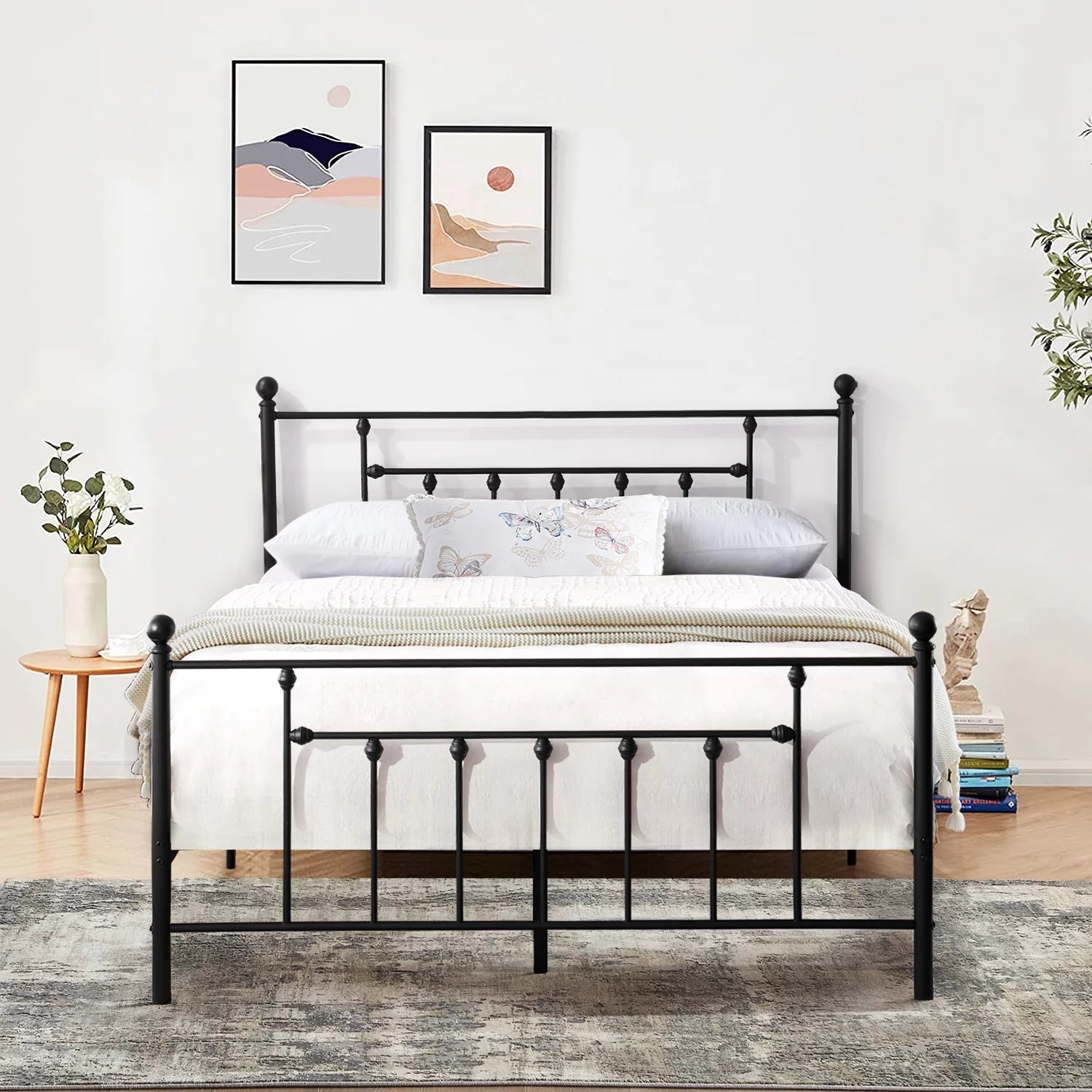 Antique Queen Size Platform Bed with Victorian Iron Headboard/Slats Support