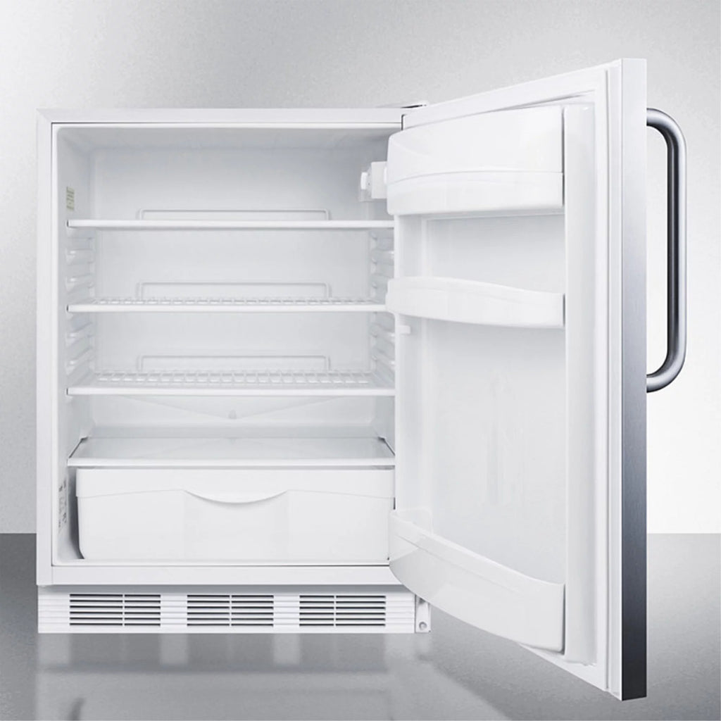 ADA compliant all-refrigerator for built-in general purpose use, auto defrost w/stainless steel wrapped door, towel bar handle, and white cabinet
