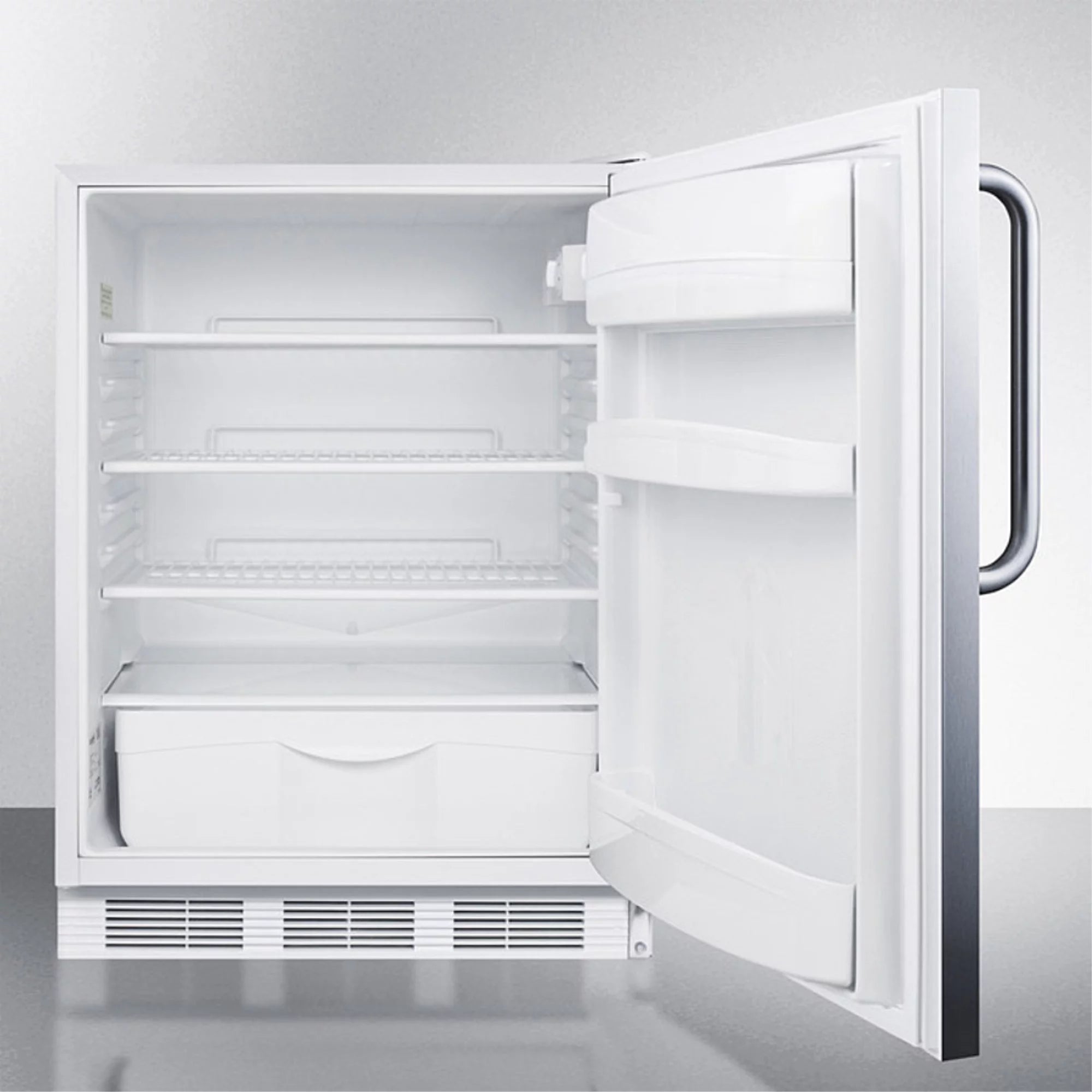 ADA compliant all-refrigerator for built-in general purpose use, auto defrost w/stainless steel wrapped door, towel bar handle, and white cabinet