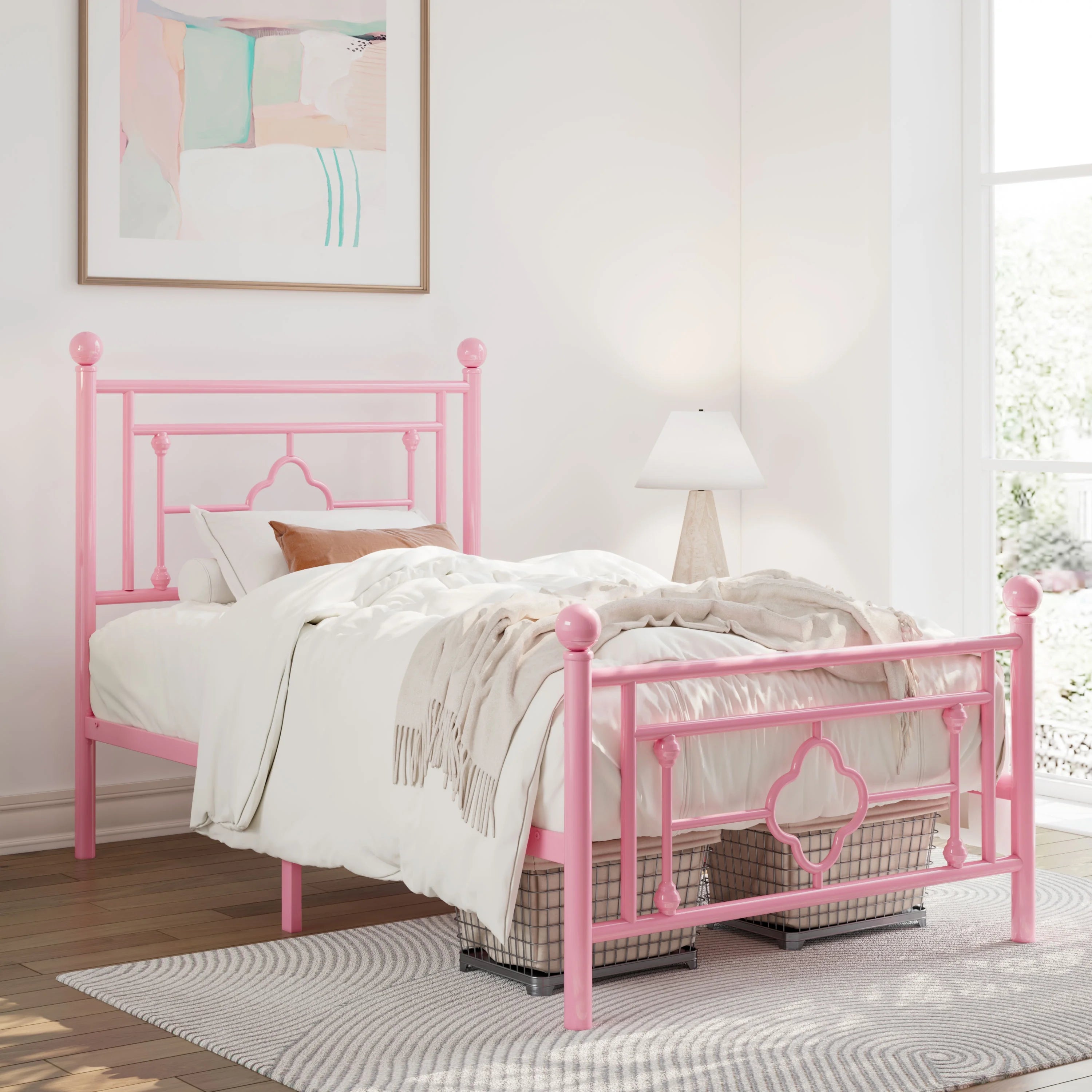 Allewie Twin Size Metal Platform Bed Frame with Victorian Vintage Headboard and Footboard, Pink