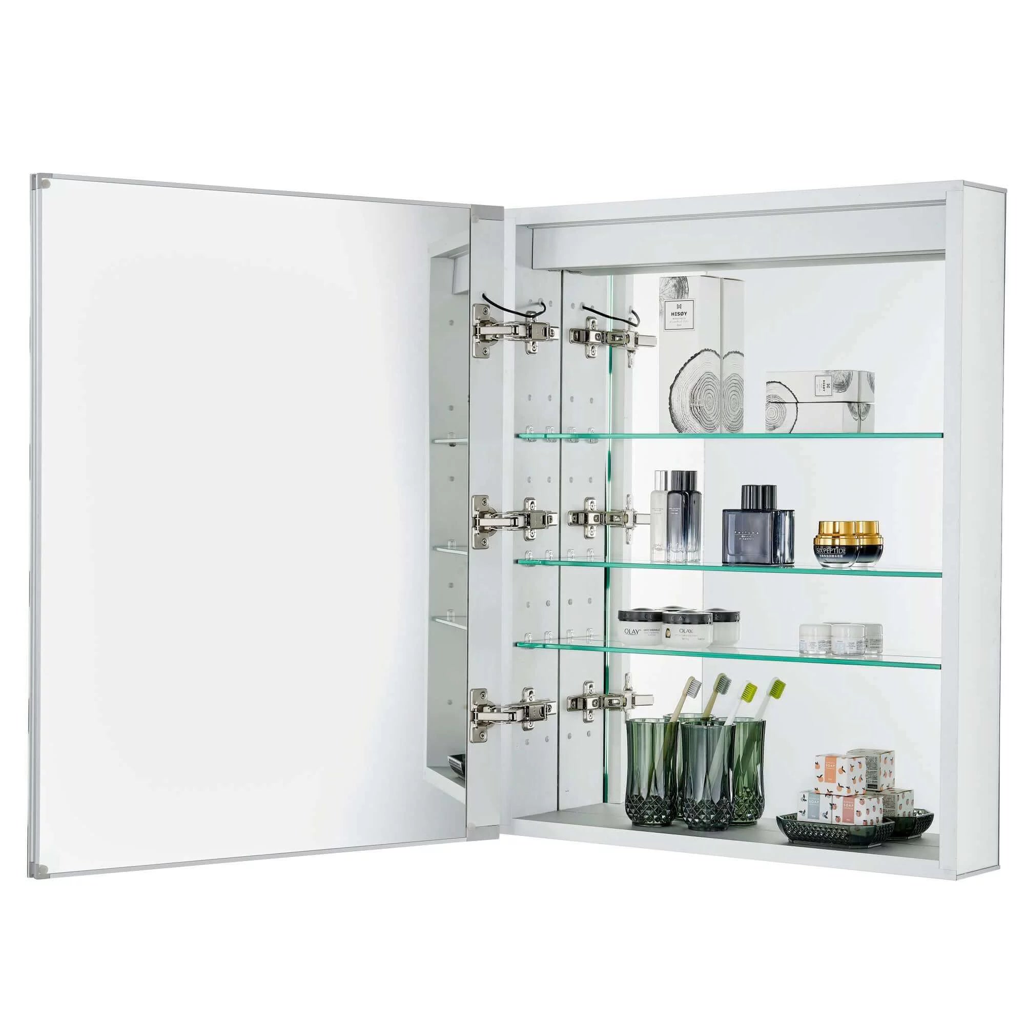 Bathroom Medicine Cabinet, Aluminum, Recessed/Surface Mount, 24" x 30", Left Hand Hinged, Mirrored w/LED