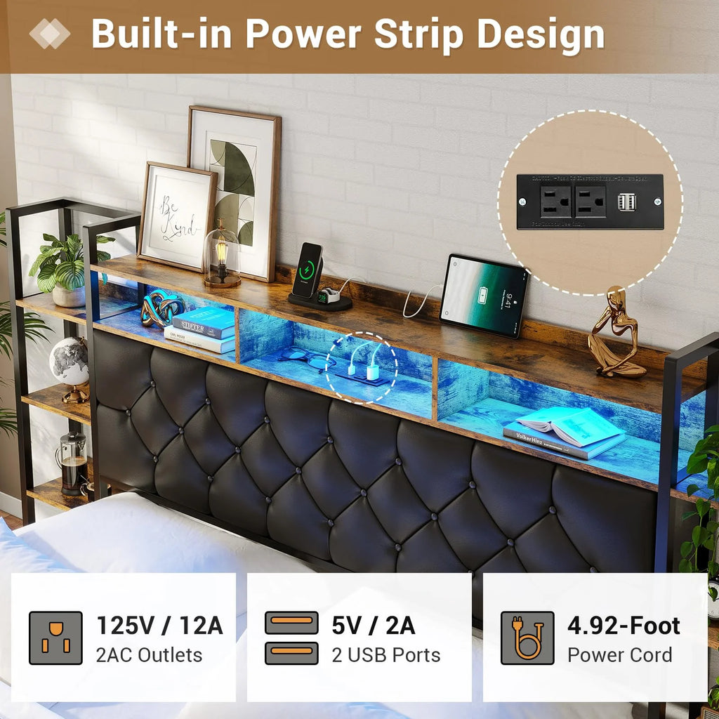 Afuhokles Queen LED Bed Frame with Bookcase Storage Headboard and Charging Station, Platform Bed Frame with Bookshelf and Tall Headboard, No Box Spring Needed, Black