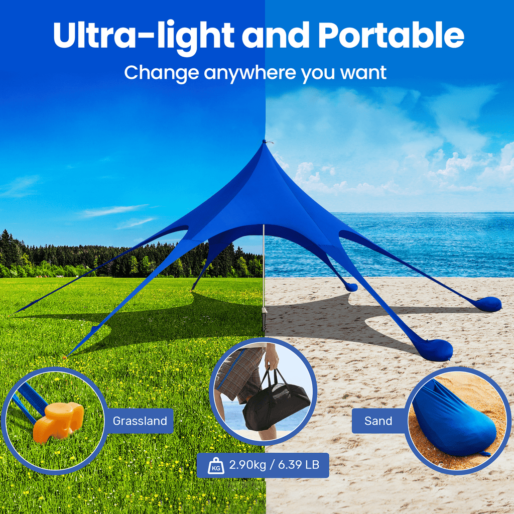 Beach Canopy Tent Sun Shade, VECUKTY 12x12 FT Beach Tent Sun Shelter UPF 50+ UV Protection with Sandbags , 1 Stability Poles and Ground Pegs and Anti-Wind Ropes,Blue