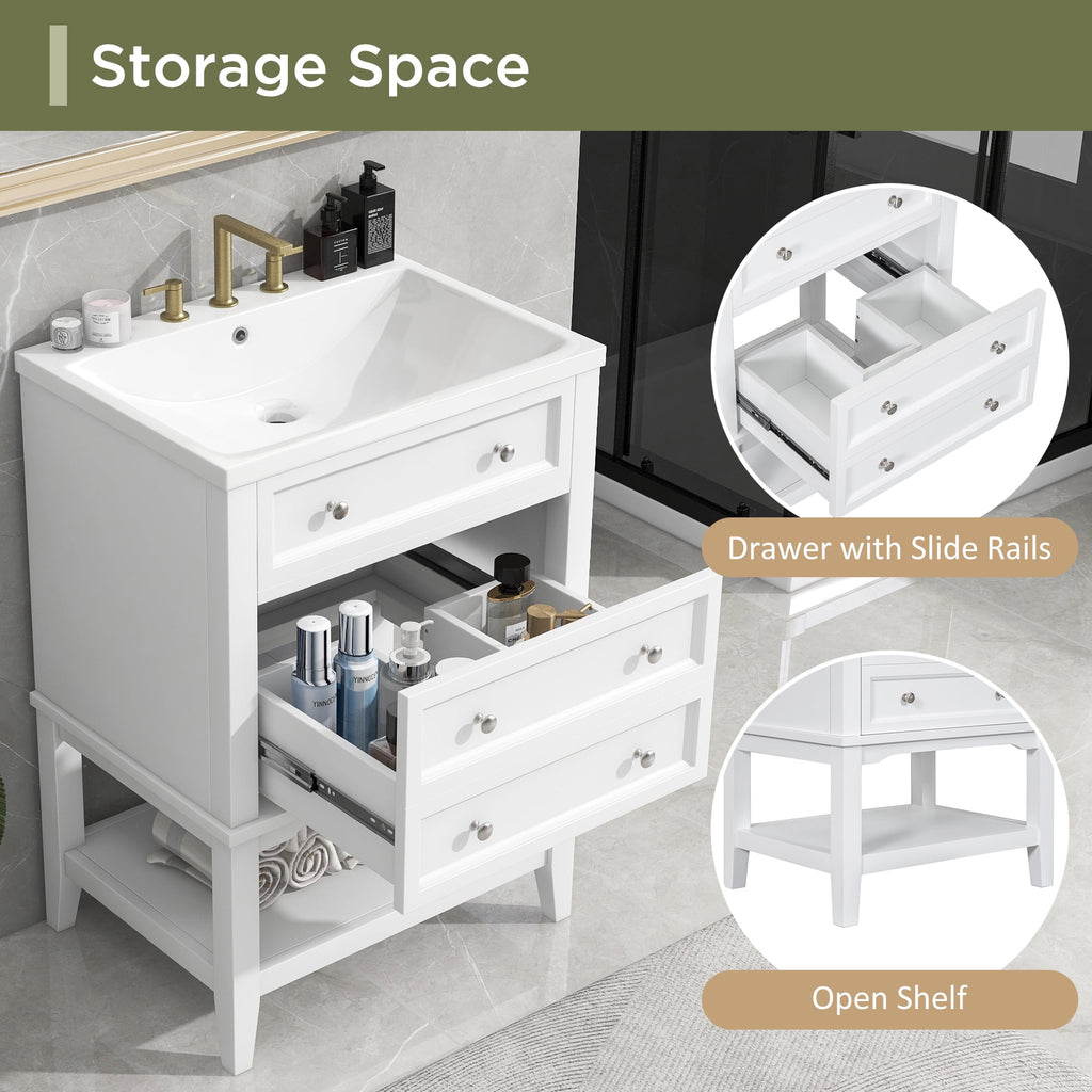 24 White Bathroom Vanity with Sink, Storage Cabinet and Drawer - Solid Wood Frame - Space-saving Solution for Small Bathrooms