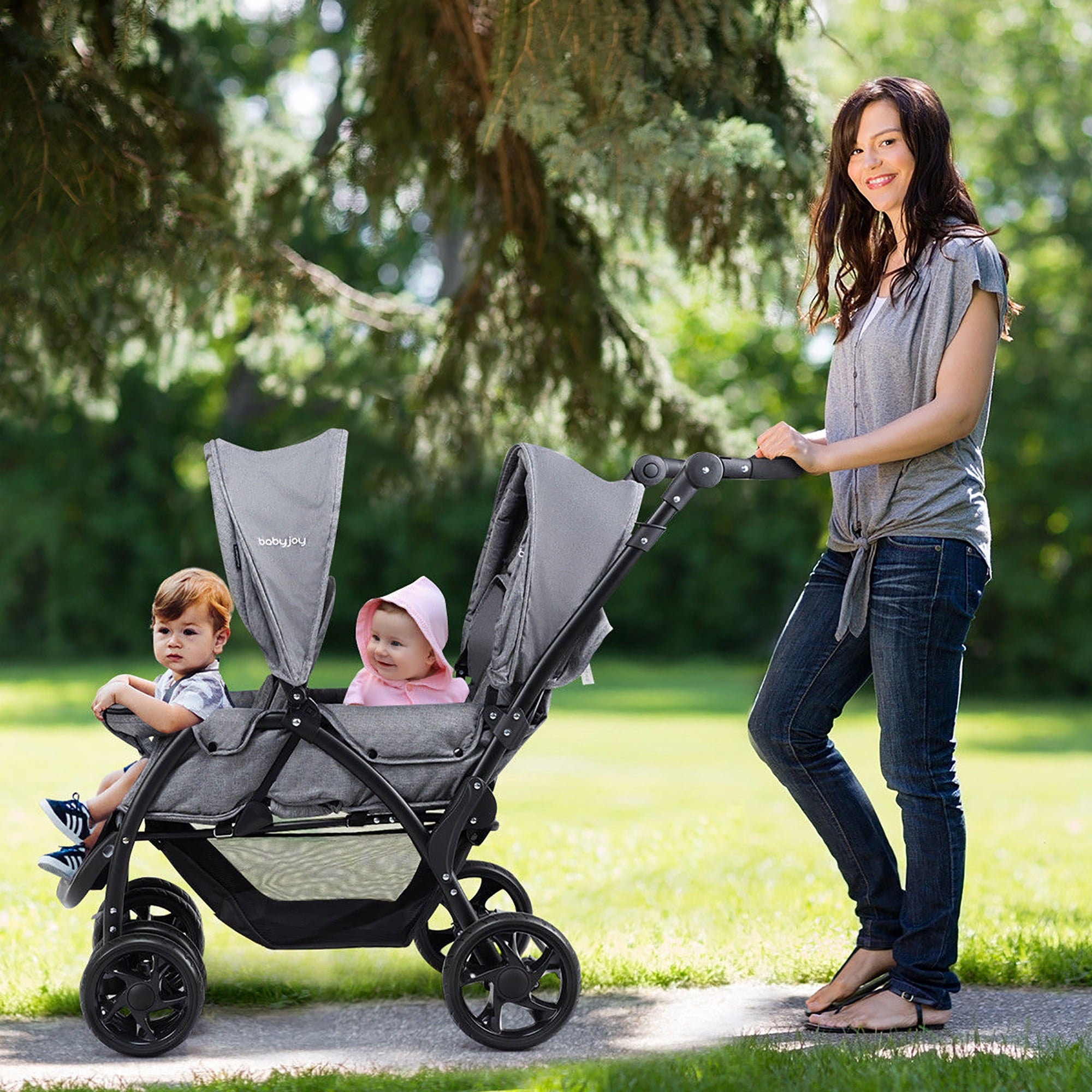 Babyjoy Double Stroller Foldable Baby Twin Lightweight Travel Stroller Infant Pushchair Black