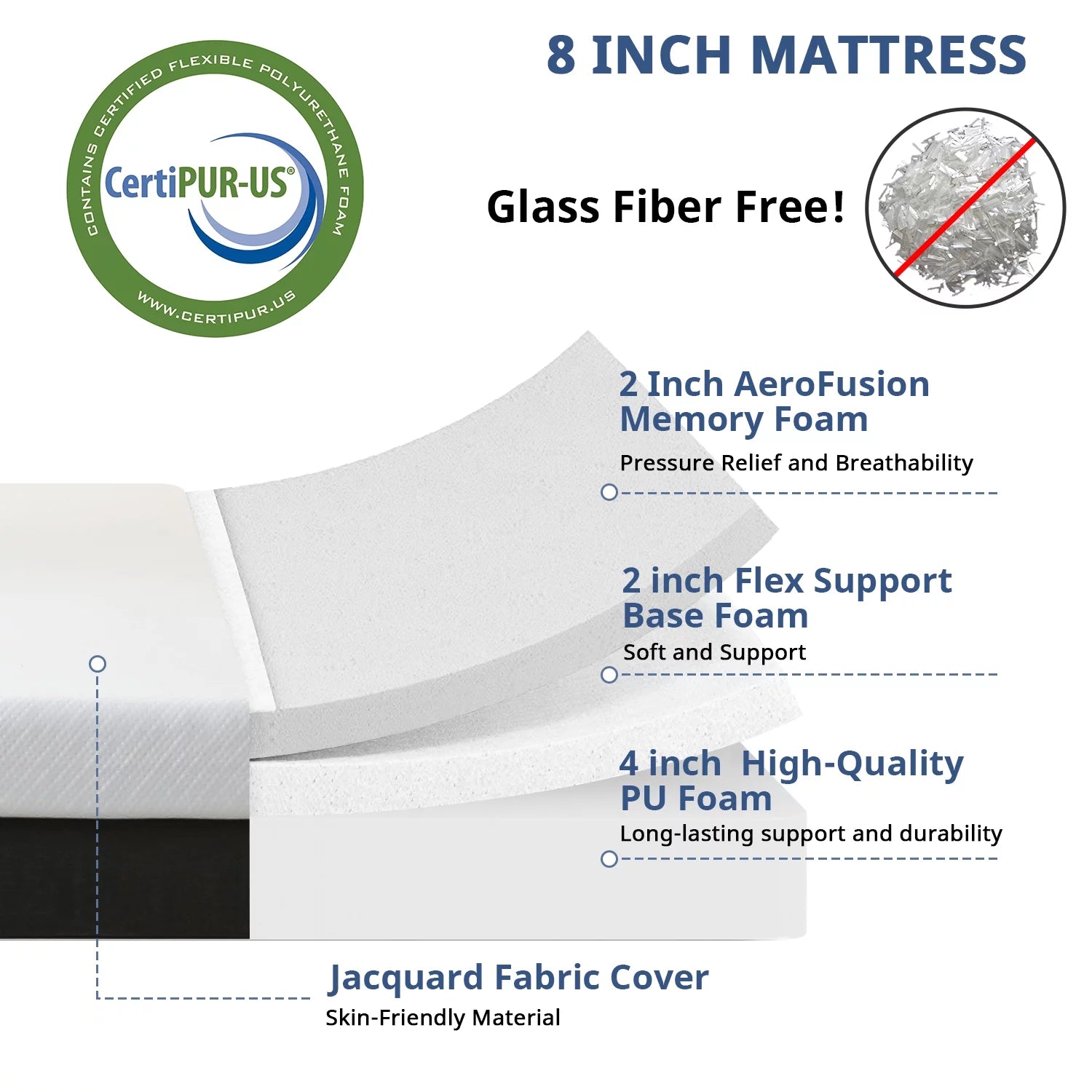 2 in 1 Queen Mattress, 6 inch Memory Foam Mattress, Bed Mattress with Cover, Pressure Relieving Mattress Topper, White