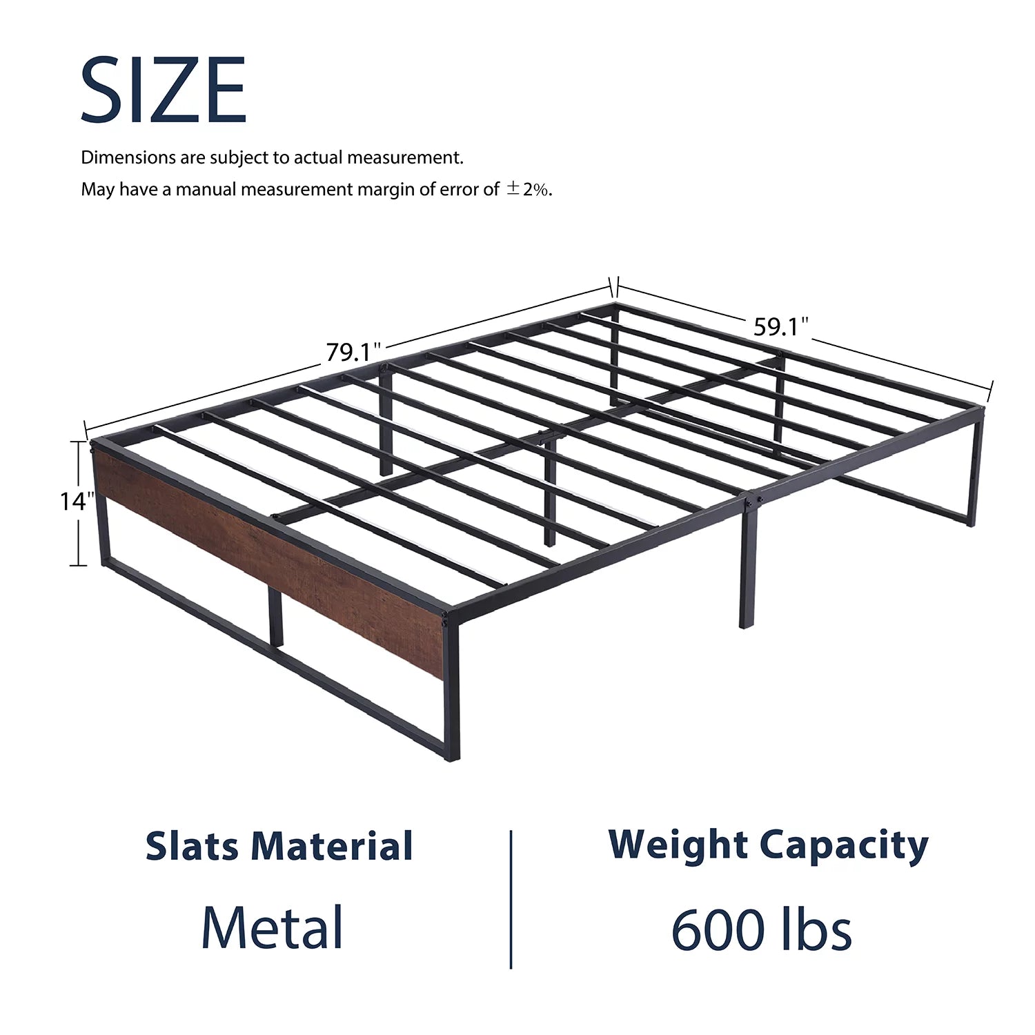 Amolife Queen Size Platform Bed Frame with Rustic Wood, Metal Slats, Black