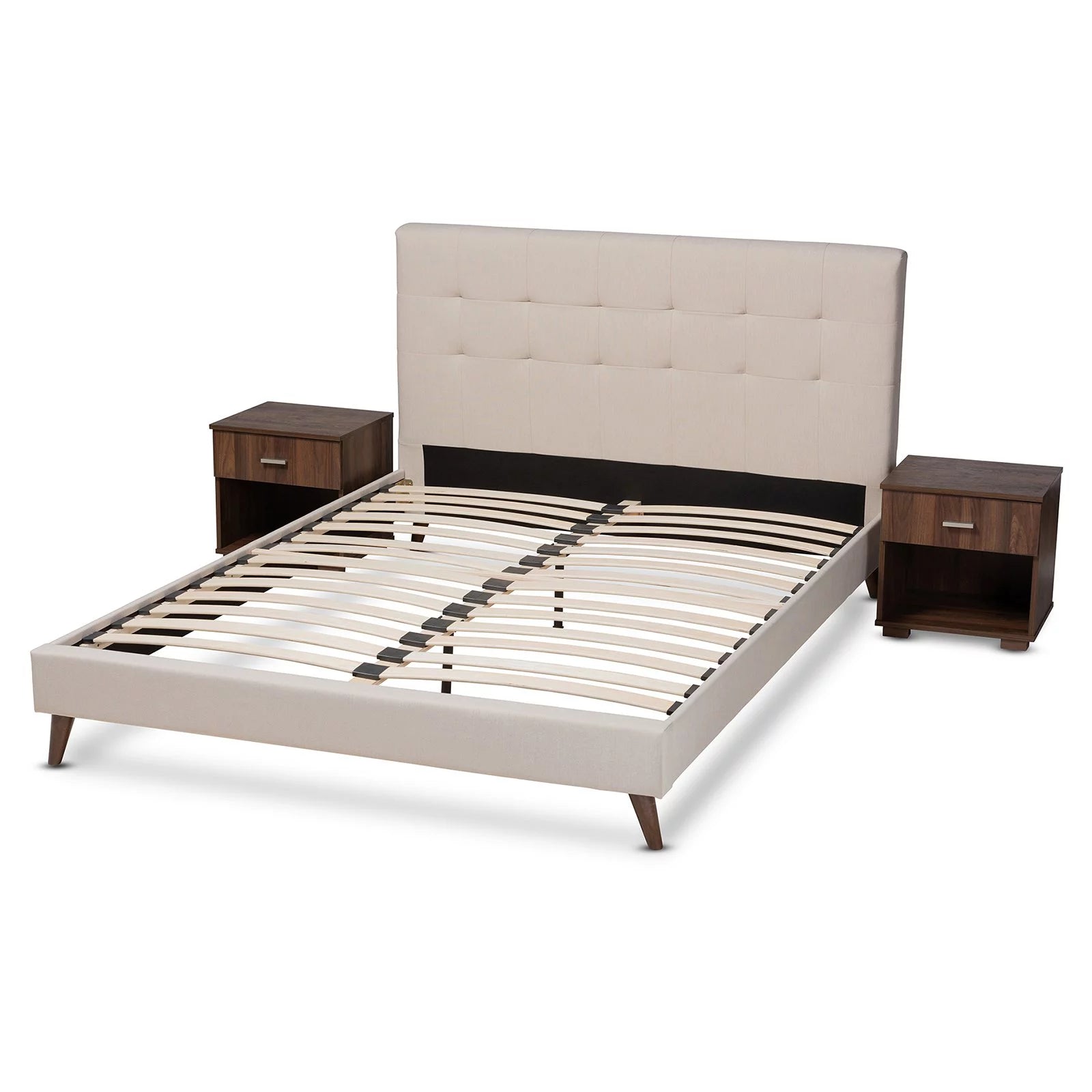 Baxton Studio Maren Mid-Century Modern Light Grey Fabric Upholstered Queen Size Platform Bed with Two Nightstands