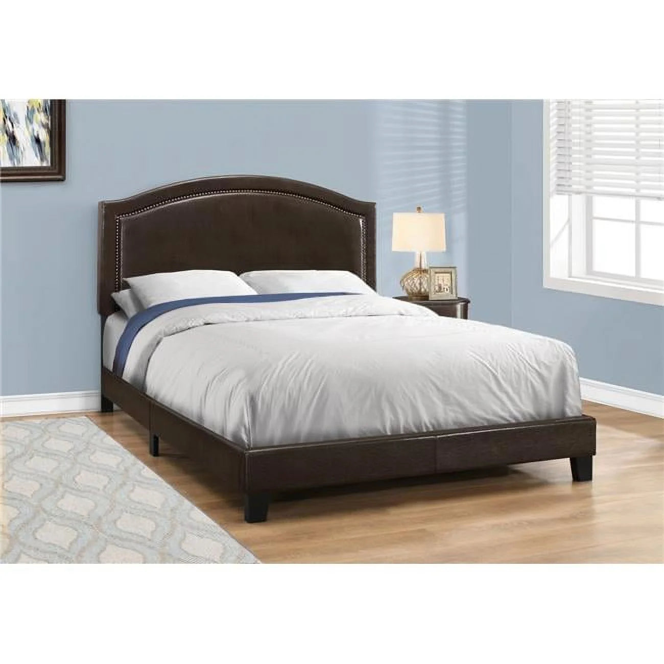 51.5 in. Dark Brown Solid Wood, Linen, MDF & Foam Queen Size Bed with a Brass Trim