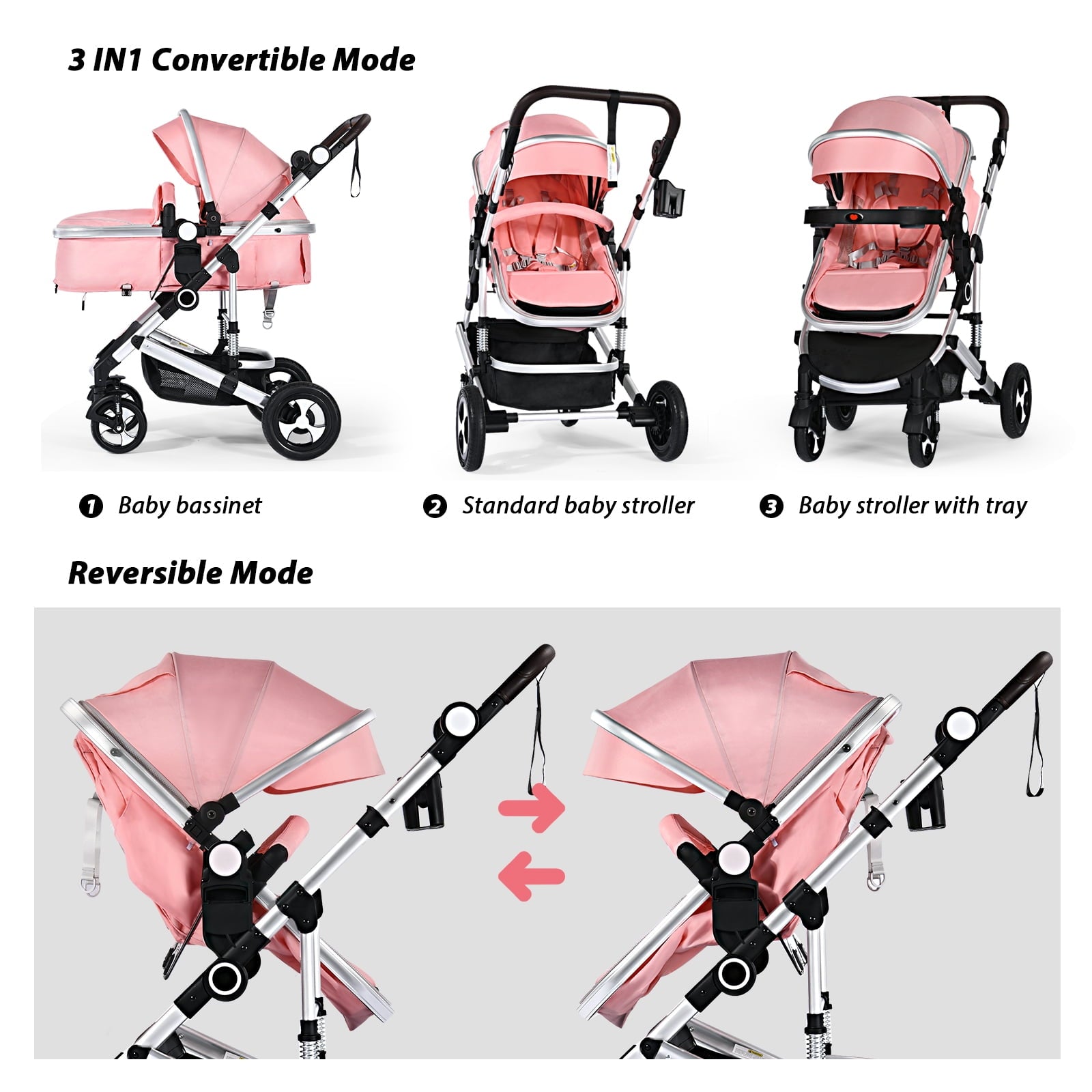 AILEEKISS 3 in 1 Baby Stroller, Convertible Newborn Bassinet Stroller Unisex Infant Carriage, Black