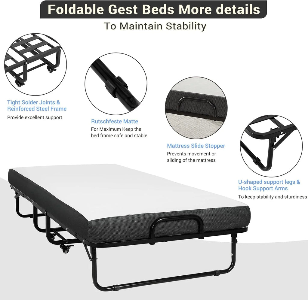 Afuhokles Folding Bed with Mattress, 75 x 38 Twin Size Portable Foldable Guest Bed with Wheels - 5'' Luxurious Memory Foam Mattress