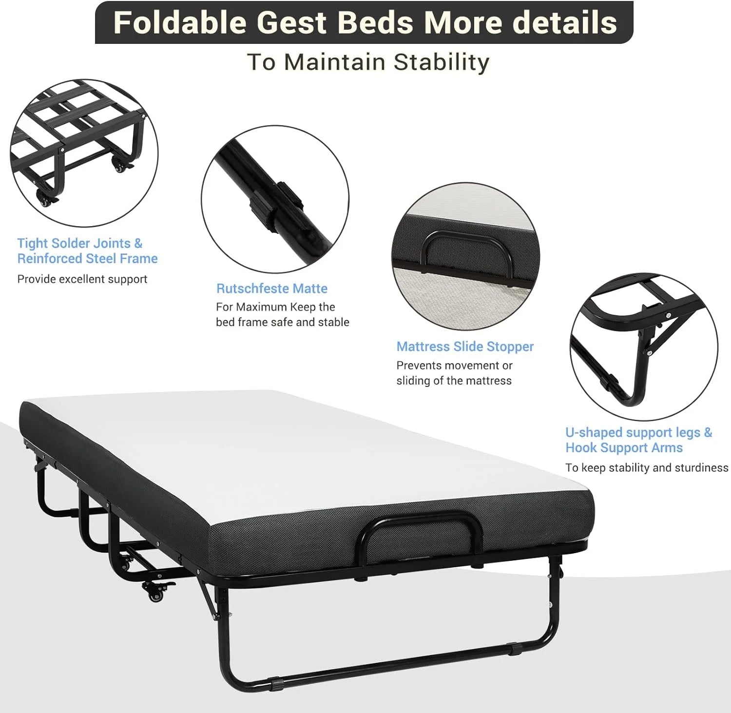 Afuhokles Folding Bed with Mattress, 75 x 38 Twin Size Portable Foldable Guest Bed with Wheels - 5'' Luxurious Memory Foam Mattress