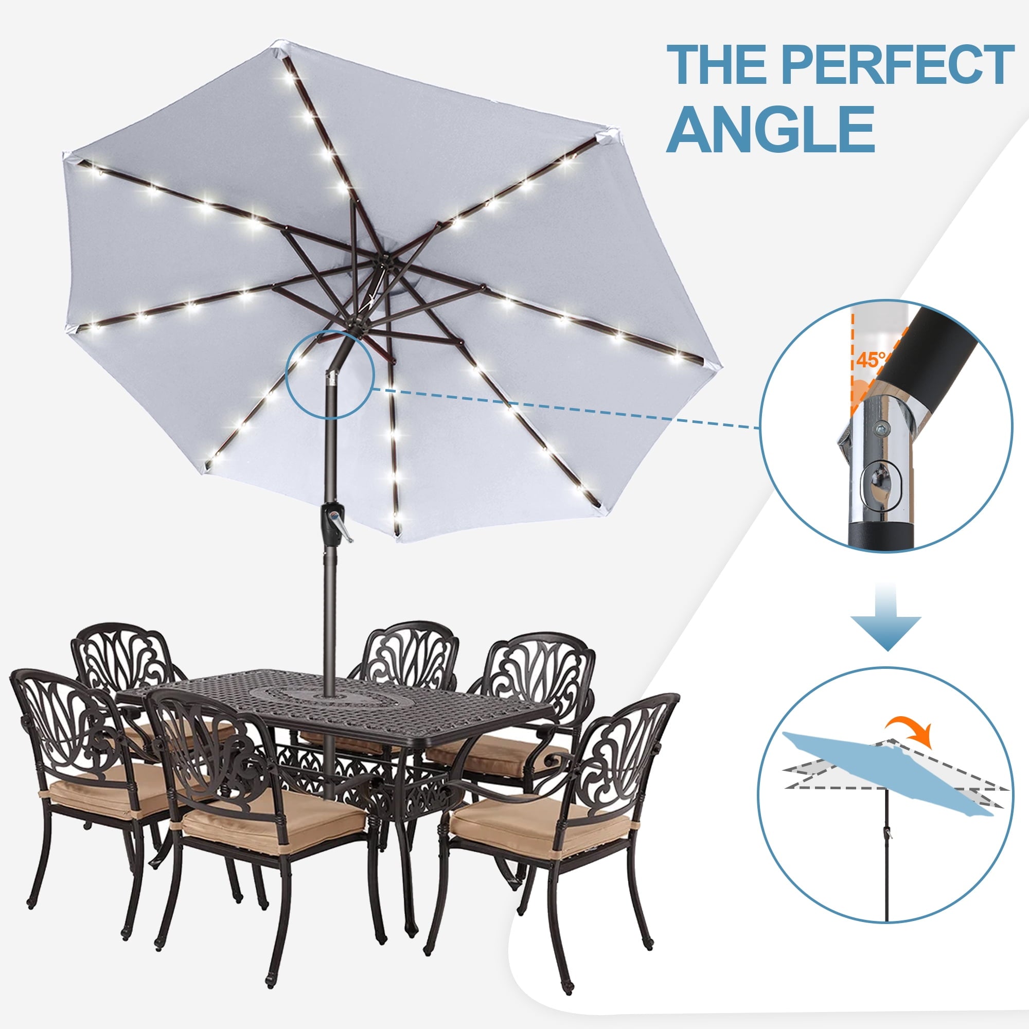 ABCCANOPY 7.5ft Patio Solar Umbrella LED Outdoor Umbrella with Tilt and Crank, Turquoise