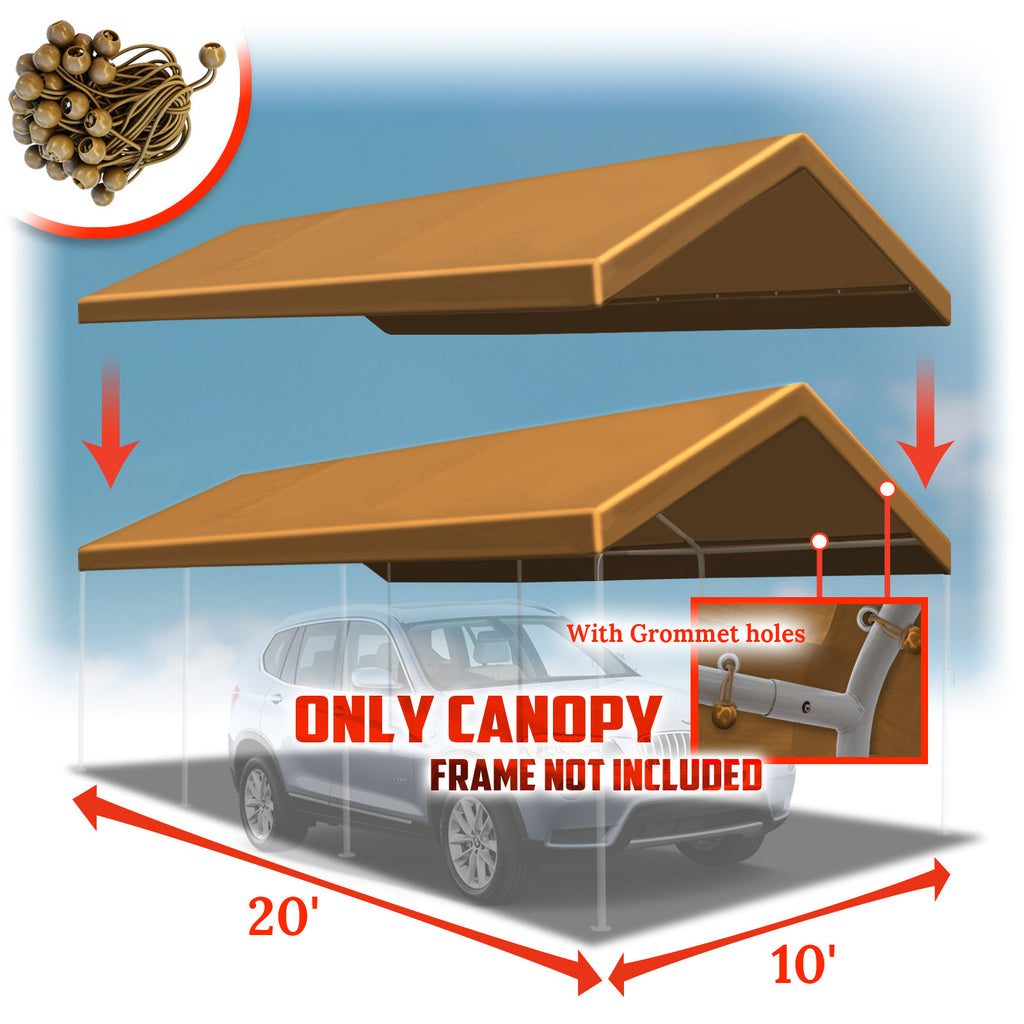 10'x20' Carport Replacement Canopy Cover for Tent Top Garage Shelter Cover with Ball Bungees (Only Cover, Frame is not Included)