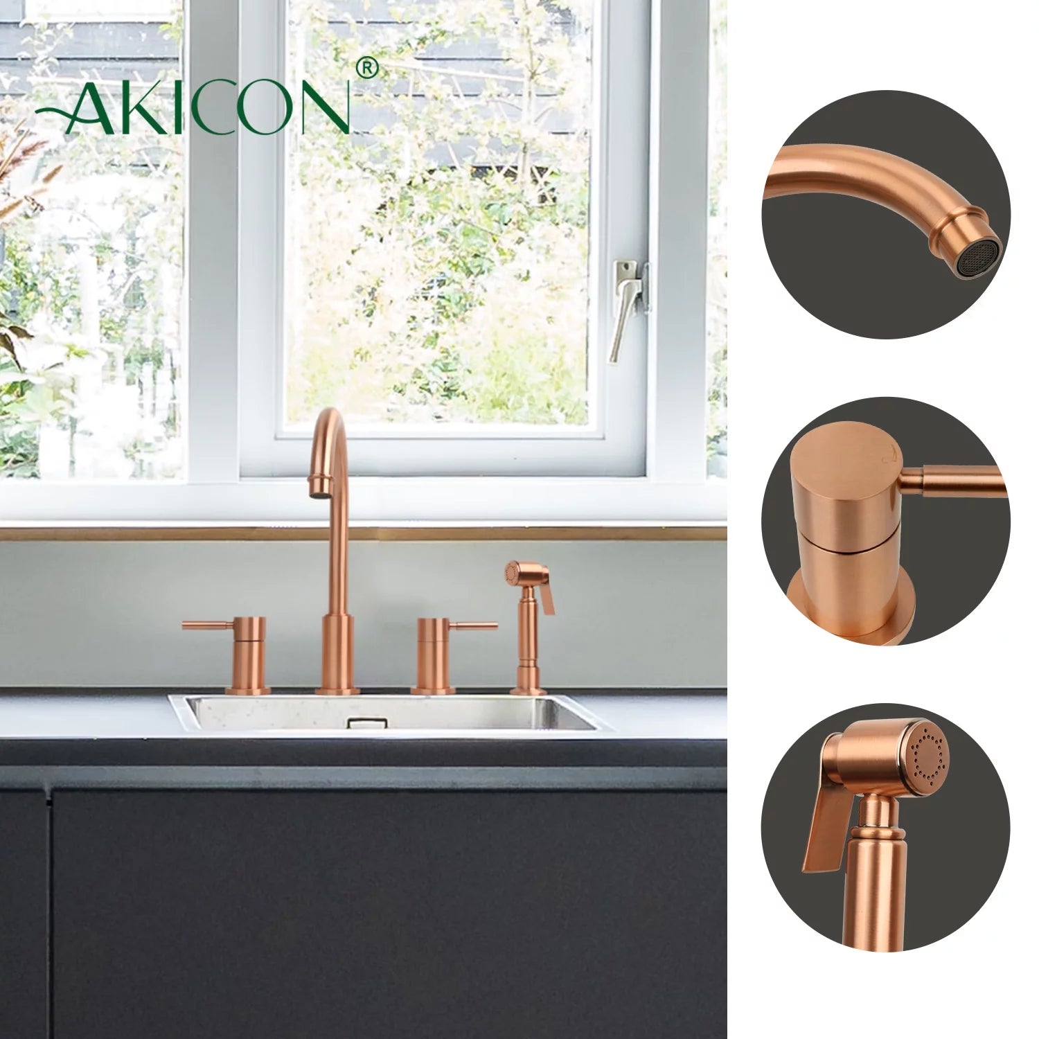 Akicon Two-Handles Copper Widespread Kitchen Faucet with Side Sprayer Copper Copper Finish