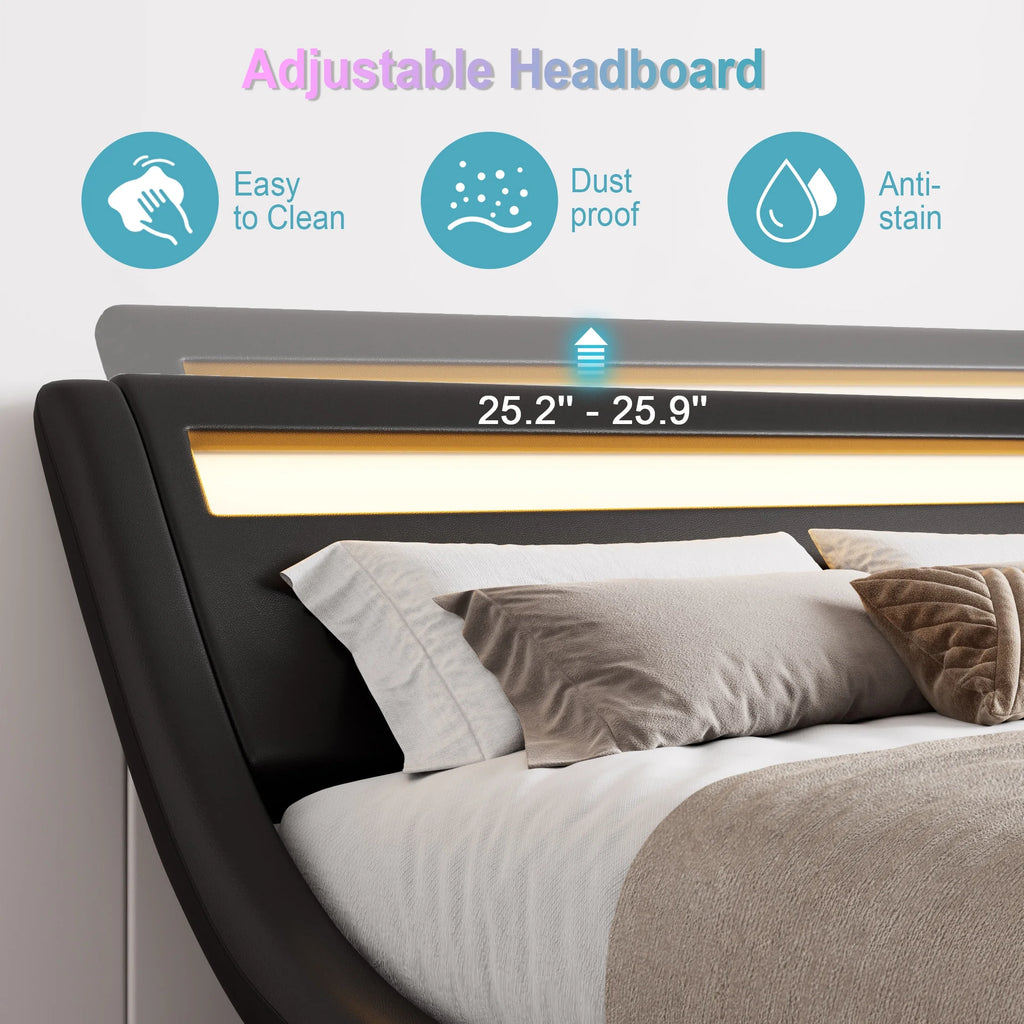 Amolife Queen Size Wave-Like Curve Deluxe Upholstered Modern Bed Frame with LED Headboard, Black