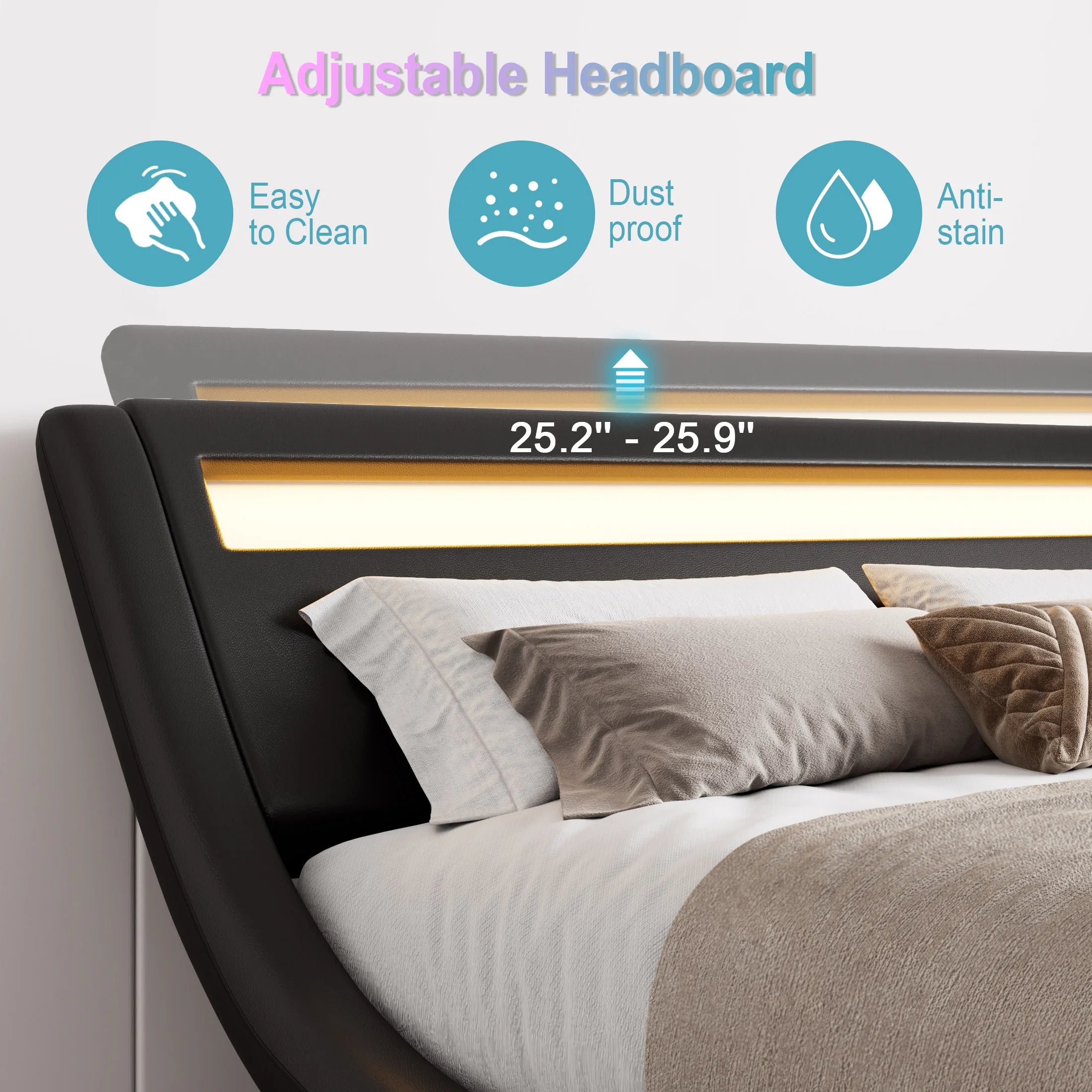 Amolife Queen Size Wave-Like Curve Deluxe Upholstered Modern Bed Frame with LED Headboard, Black