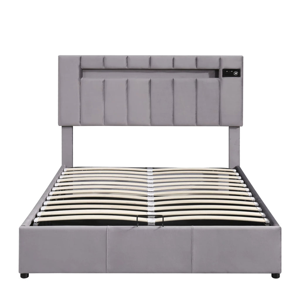 Bellemave Full Size Bed Frame with Storage and LED Light, Lift Up Upholstered Platform Bed with Bluetooth Player and USB Charging, Velvet Fabric Hydraulic Storage Bed (Gray)