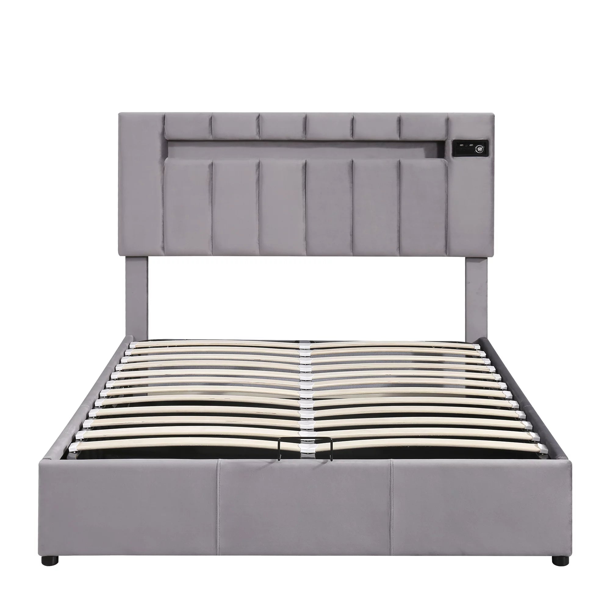 Bellemave Full Size Bed Frame with Storage and LED Light, Lift Up Upholstered Platform Bed with Bluetooth Player and USB Charging, Velvet Fabric Hydraulic Storage Bed (Gray)