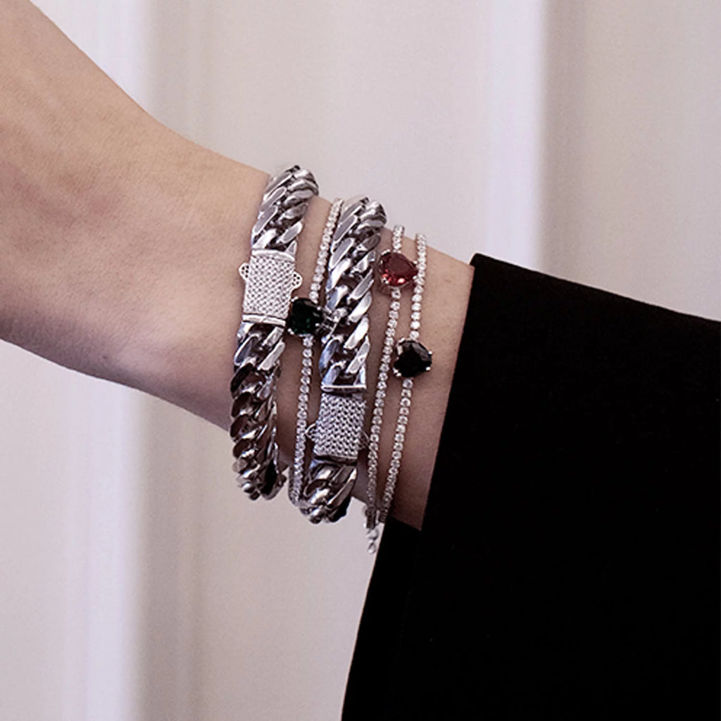 10mm 925 Sterling Silver Hollow Curb Chain Bracelet 8.4 in, Diamond Cut Flat Link Chain Bracelet for Men Zirconia Crystal Full Diamond Clasp