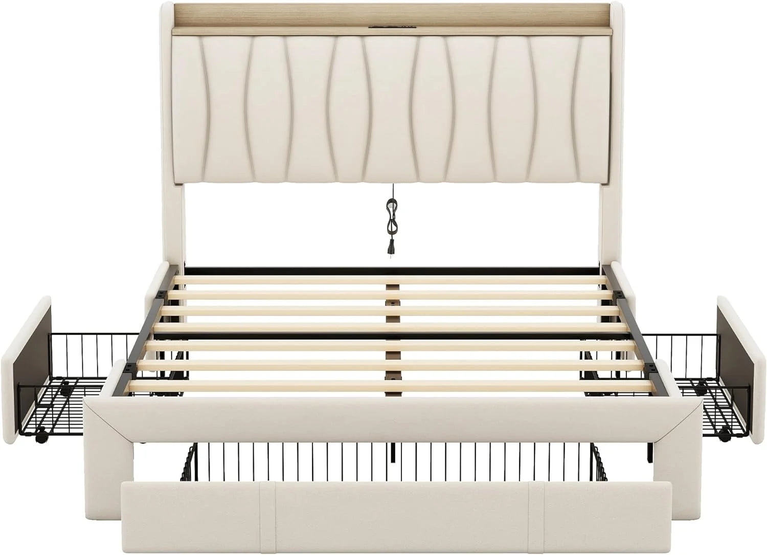 Bed With Storage, Wood Platform Bed Frame With 3 Drawers, Kids Bed With Wood Slat Support, o Box Sprig eeded,Cherry