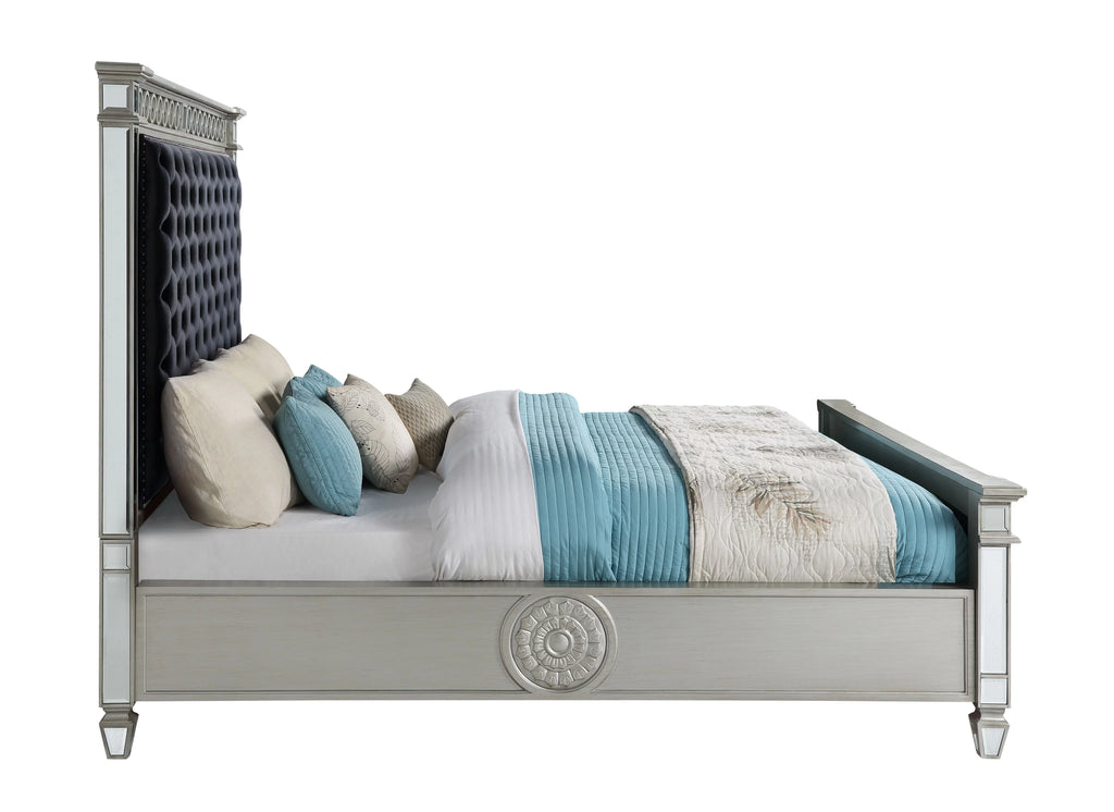 ACME Varian Tufted Upholstered Eastern King Bed in Black Velvet and Mirrored