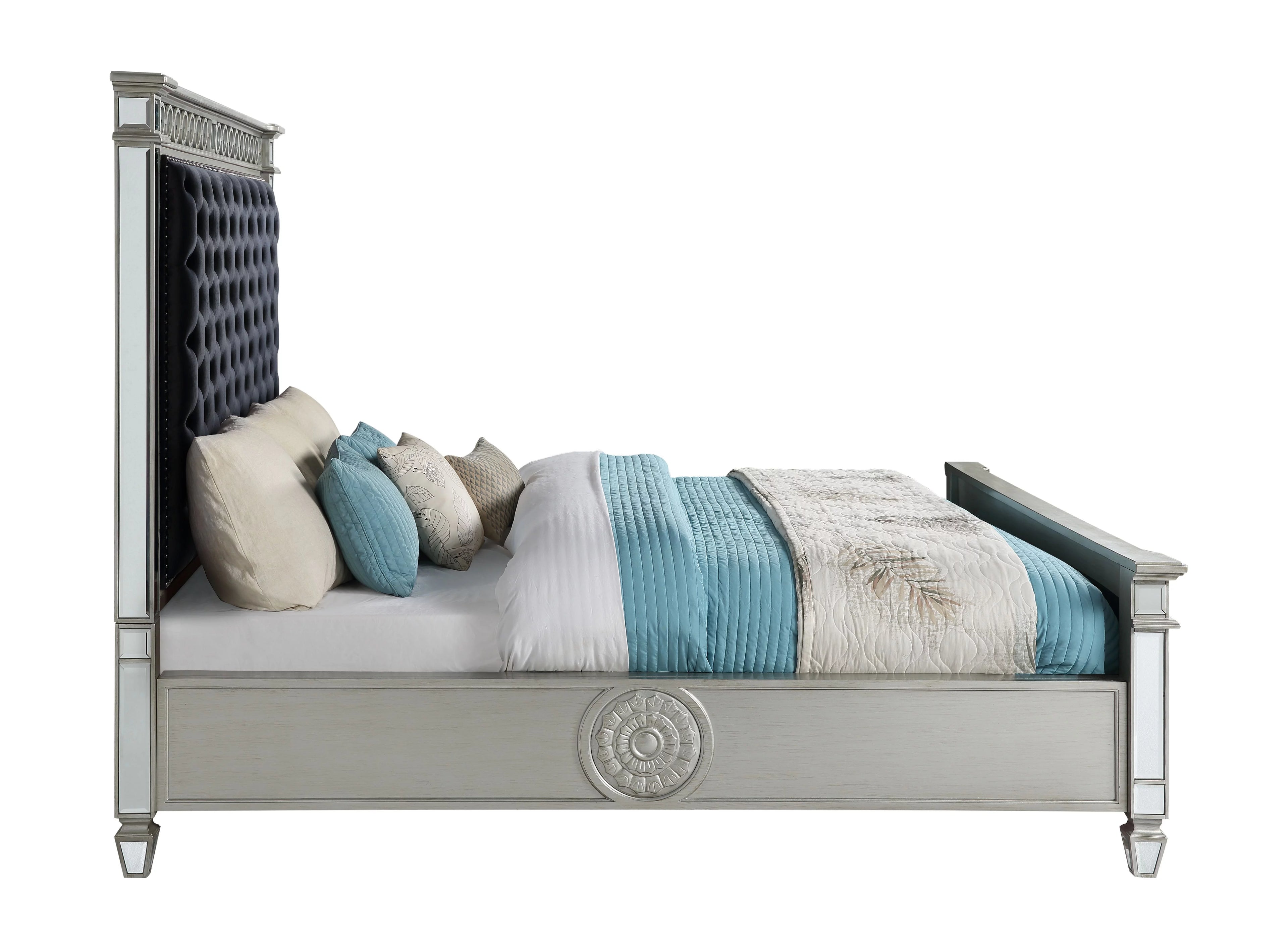 ACME Varian Tufted Upholstered Eastern King Bed in Black Velvet and Mirrored