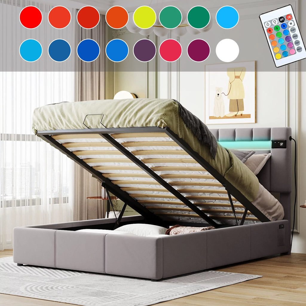 Bellemave Full Size Bed Frame with Storage and LED Light, Lift Up Upholstered Platform Bed with Bluetooth Player and USB Charging, Velvet Fabric Hydraulic Storage Bed (Gray)