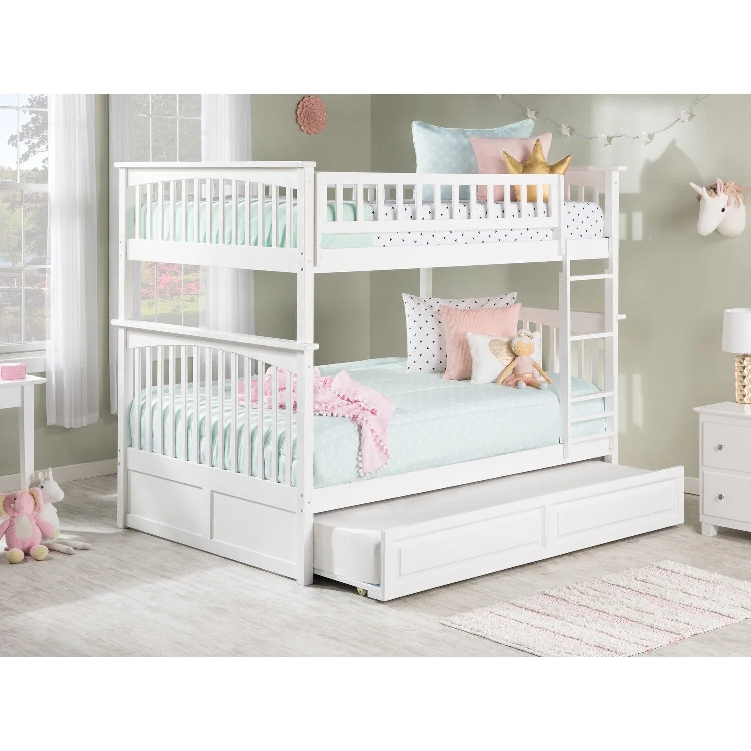 AFI Columbia Bunk Bed Full over Full with Twin Trundle Bed in White