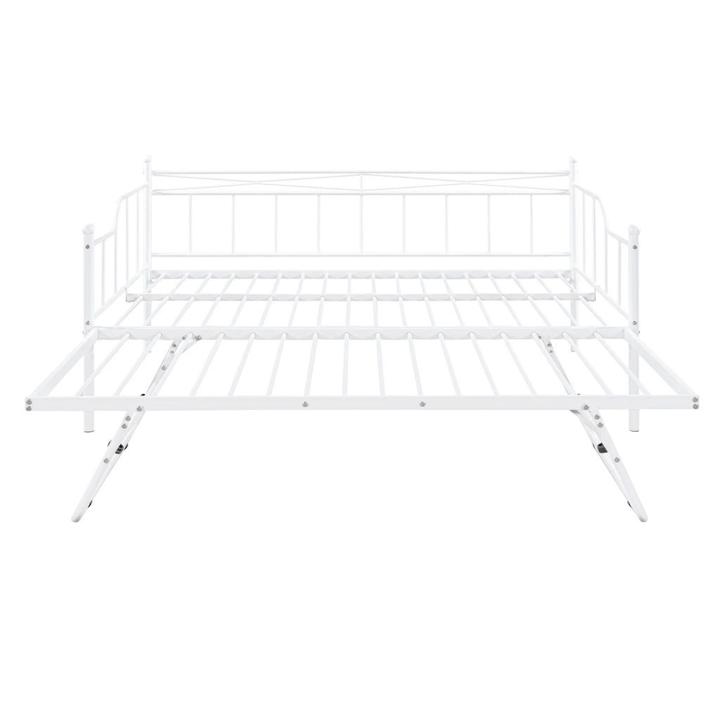 Bellemave Full Size Metal Daybed with Twin Size Adjustable Trundle,Portable Folding Trundle,Heavy-Duty Steel Daybed Frame with Pull Down Trundle Bed Space Saving Design(White)