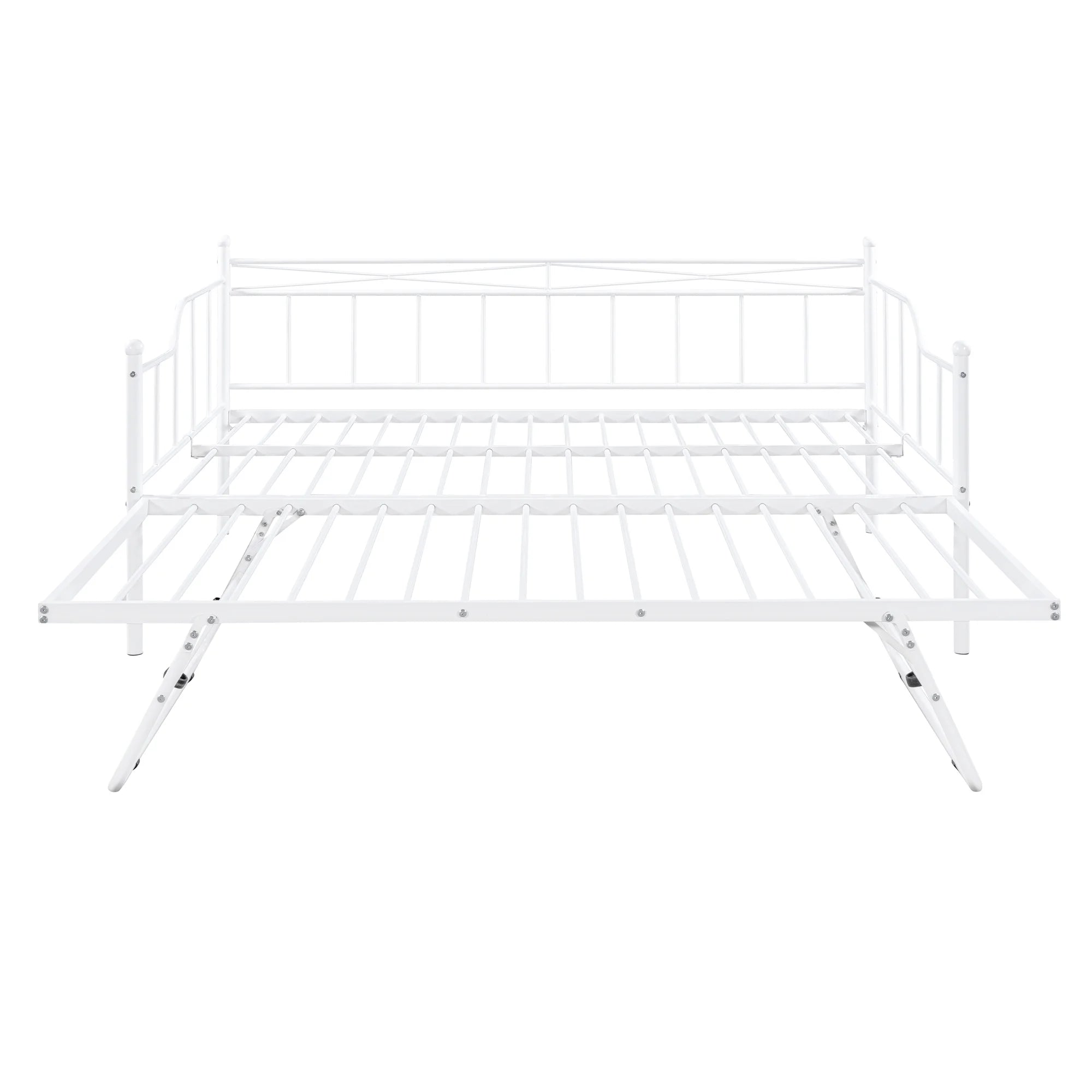 Bellemave Full Size Metal Daybed with Twin Size Adjustable Trundle,Portable Folding Trundle,Heavy-Duty Steel Daybed Frame with Pull Down Trundle Bed Space Saving Design(White)