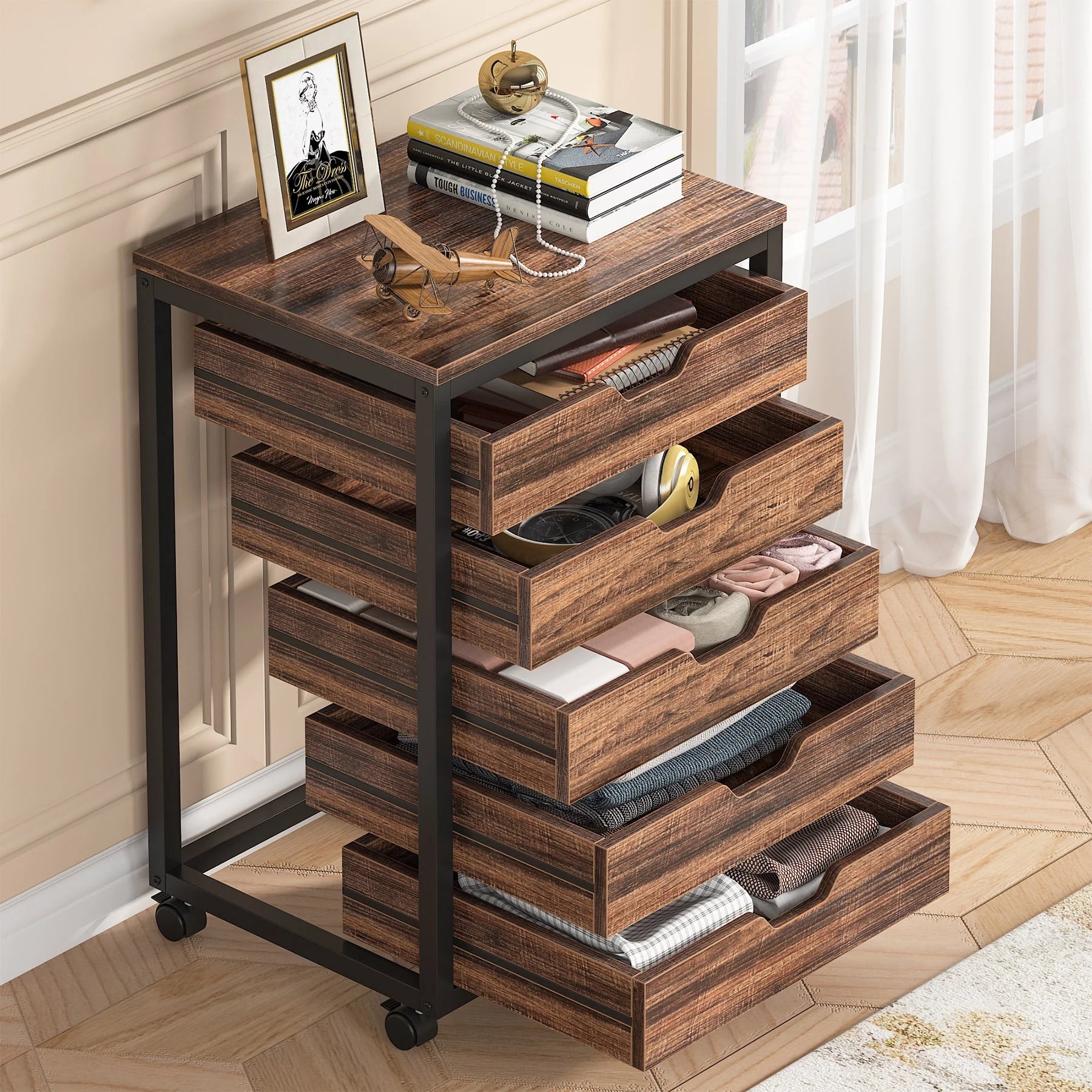 5 Drawer Chest Wood Storage Dresser Cabinet with Wheels Industrial Storage Drawer Organizer Cart