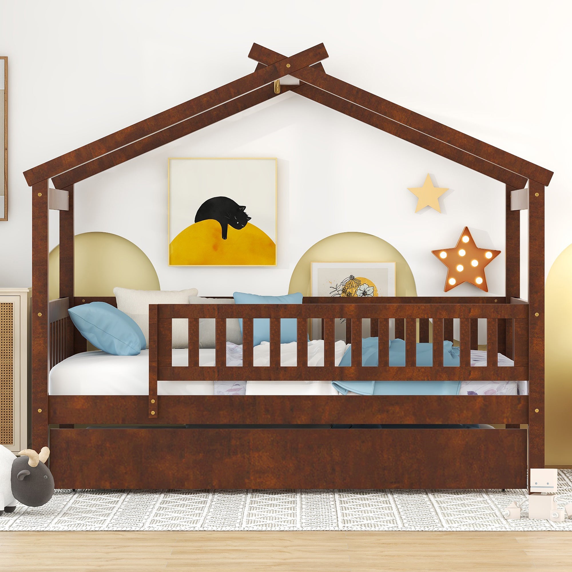 "Twin-Size Wooden House-Shaped Bed with Matching Twin-Size Trundle in Elegant Walnut Finish"