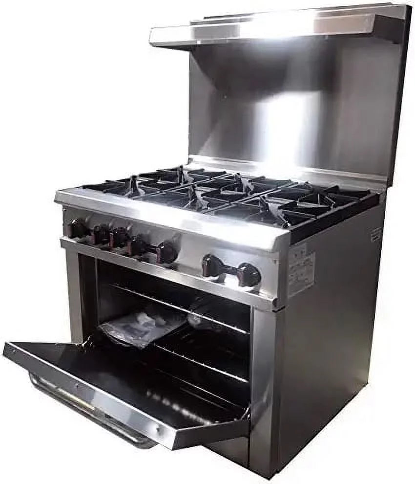 36" Width, 6 Burners, Commercial Range & Oven,  Natural Gas and Propane, NSF/ETL Certified, Thermostat, Stainless Steel Galvanized and Cast iron Grate For Restaurant Heavy Duty, 211000 BTU