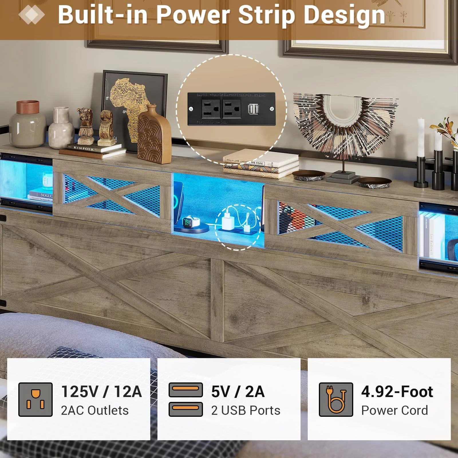 ADORNEVE Queen Size Bed Frame with LED Lights and Charging Station, Farmhouse Platform Bed with Storage Headboard with Sliding Barn Door, No Box Spring Needed, Oak Gray