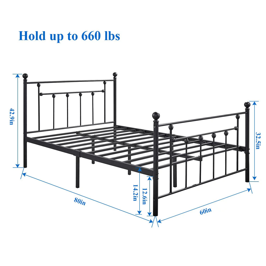 Antique Queen Size Platform Bed with Victorian Iron Headboard/Slats Support