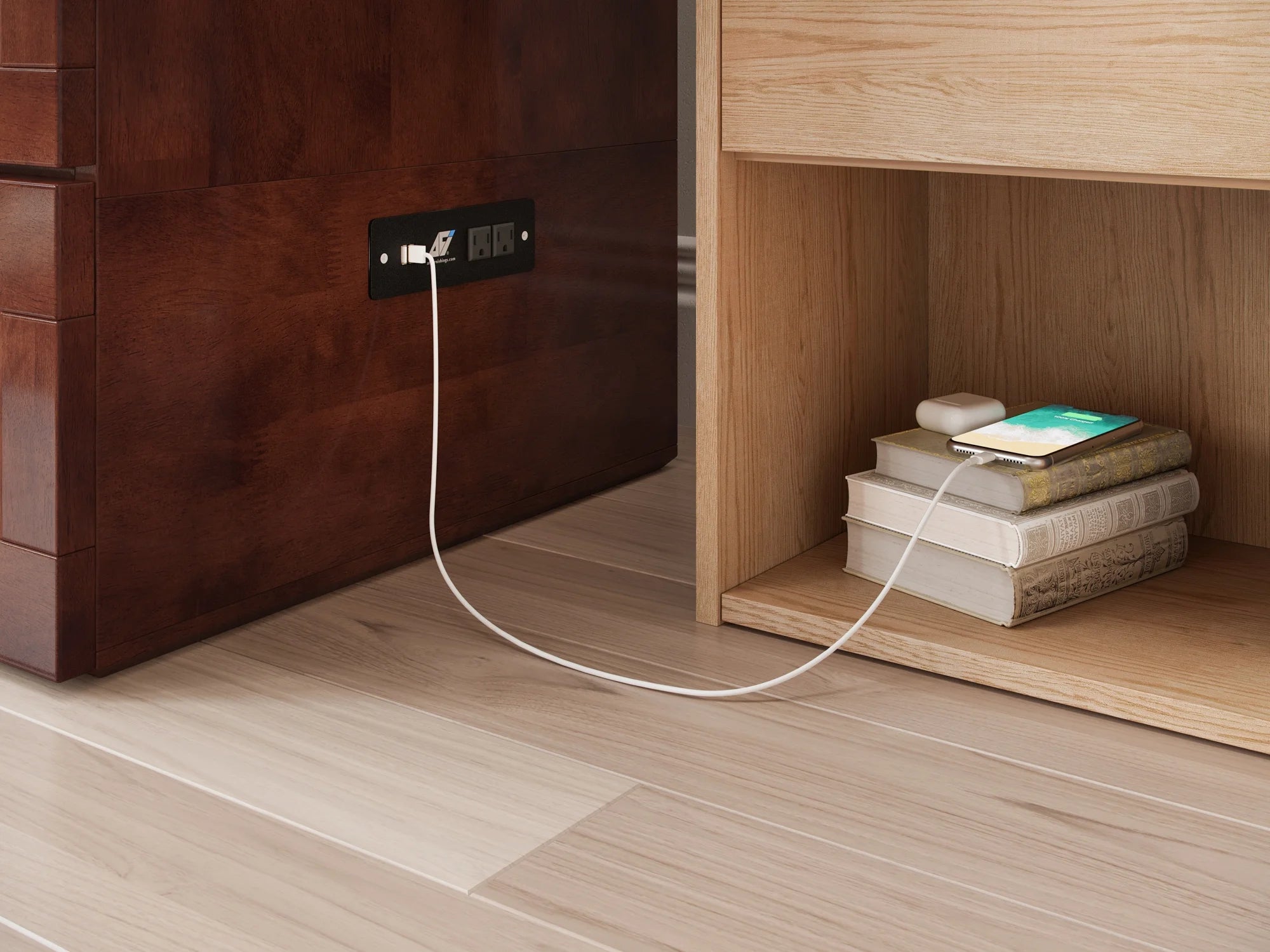 AFI Southampton Full Wood Murphy Bed Chest with Mattress, Drawer & Charger in Walnut