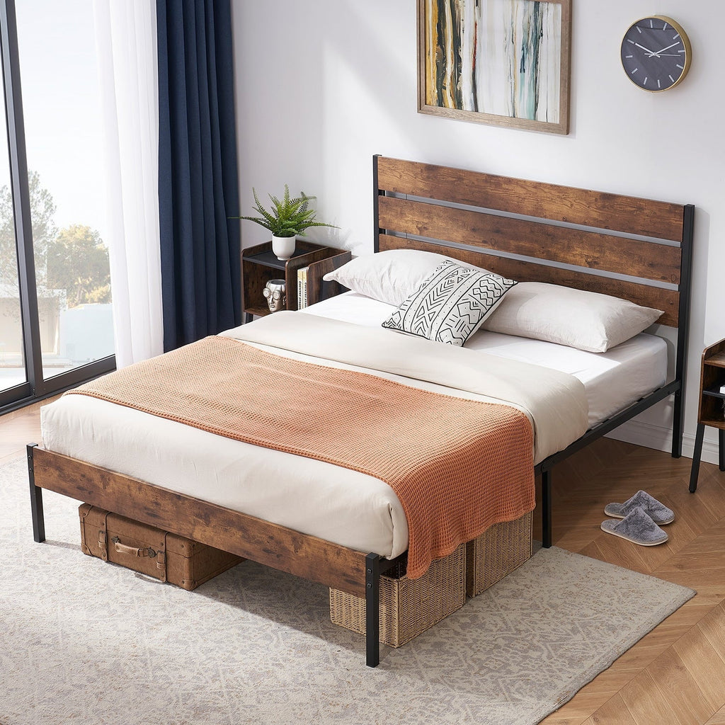 3-Pieces Bedroom Set with Rustic Brown Platform Bed Frame and Nightstands Set of 2 Brown Nightstands Twin