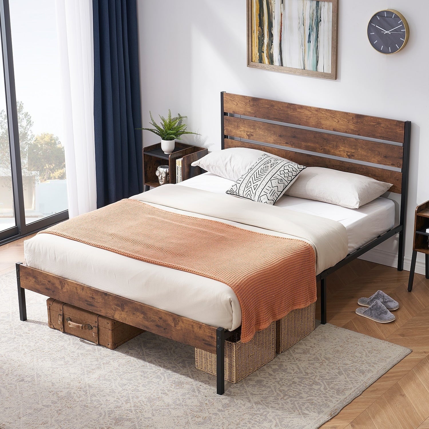 3-Pieces Bedroom Set with Rustic Brown Platform Bed Frame and Nightstands Set of 2 Brown Nightstands Twin