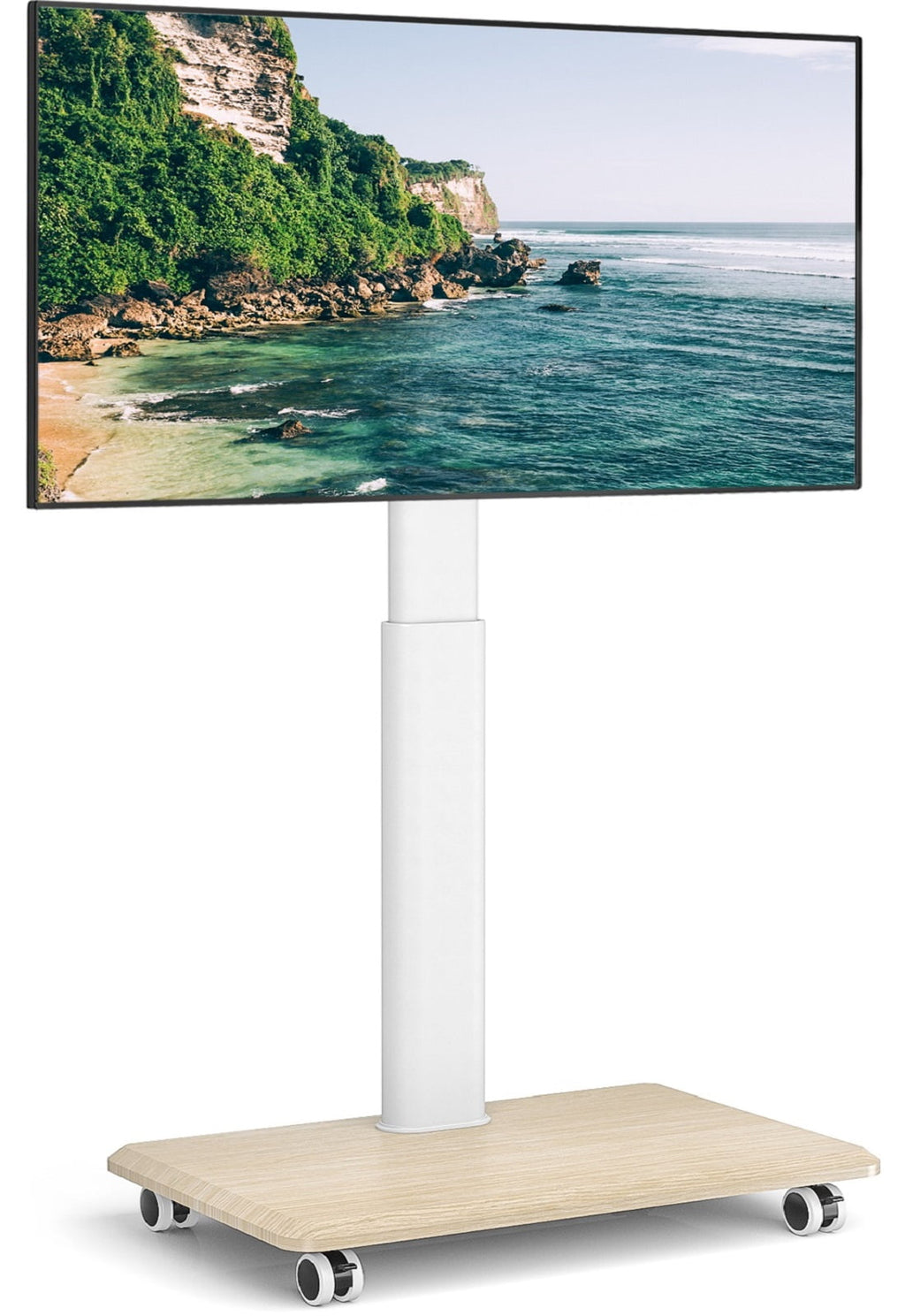 5Rcom Modern Floor Rolling TV Stand for TVs up to 65 inch, White, Wooden Base