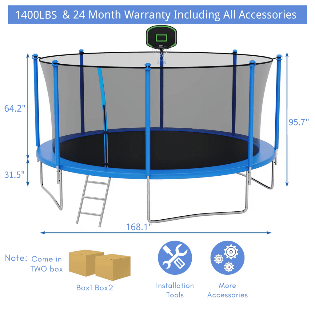 16FT Trampoline for 8-9 Kids Adults with Basketball Hoop, Ladder, Light, Sprinkler, Socks, Outdoor Heavy Duty Recreational Trampoline