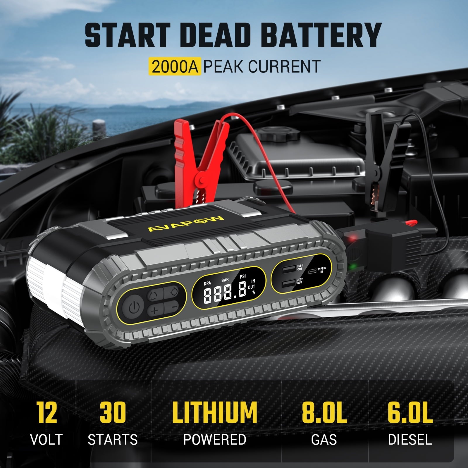 AVAPOW Jump Starter with Air Compressor, 2000A Battery Jump Starter (up to 8.0L Gas/6.0L Diesel Engines), 150PSI Digital Tire Inflator, 12V Jump Box with Emergency Light