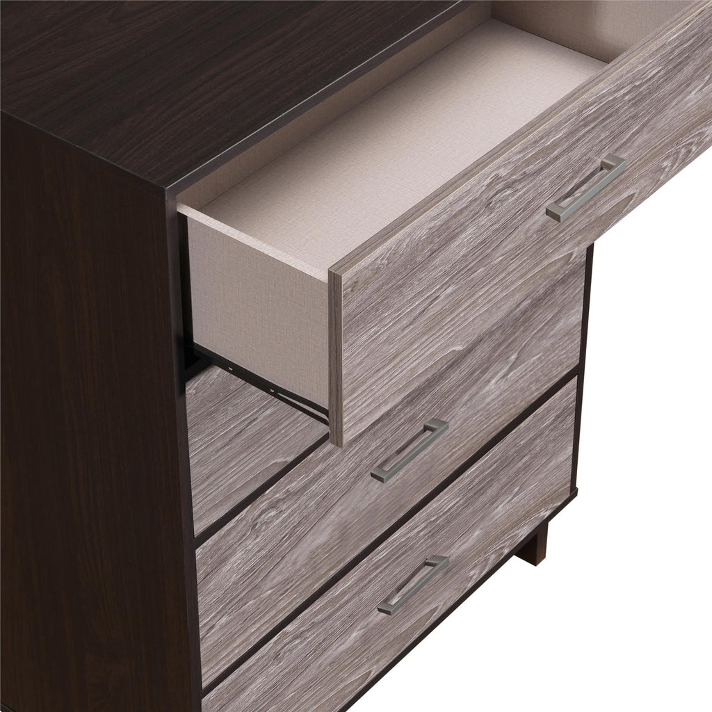 Ameriwood Home Lennon Tall 5 Drawer Dresser, Medium Brown and Faux Rattan